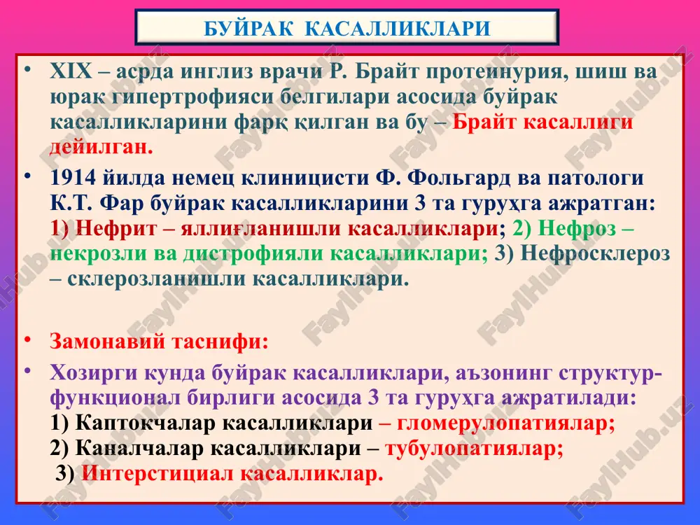 kopik ko'rinishli buyrakni “kattalashgan ola-bula buyrak” deyiladi. “kattalashgan ola-bula buyrak” yarimoysimon infiltrat 2. kaptokcha, tomirlari to'laqonli 3. kanalchada oqsil modda tez avj oluvchi glomerulonefrit 1 2 3 surunkali glomerulonefrit. 12 oydan uzoq, yashirin va retsidivlanib kechish xos. sababi nomalum, mexanizmi – immun birikmali reaktsiya. morfologiyasida 2 tipi farq qilinadi: mezangial va sklerozlangan. mezangial glomerulonefrit: ikki turda uchraydi: 1) membrano-proliferativ (mezangiokapillyar), 2) mezangioproliferativ. morfologik jihatdan buyrak kaptokchalari yirik, mezangiotsitlar proliferatsiyalanishidan ko'p hujayrali, gbm qalinlashishi, unda immun depozitlarning interpozitsiyasi, ikkiga ajralishi, “temir yo'lsimon” bazal membrana paydo bo'lishi xos. kaptokchalarda bo'lakchalar paydo bo'lib, lobulyar glomerulonefrit yuzaga chiqadi. kaptokchalardagi o'zgarishlardan tashqari, kanalchalar epiteliysida distrofiya va atrofiya, stromada interstitsial limfogistiotsitar infiltratsiya va skleroz rivojlanadi. oqibatda buyrak ikkilamchi bujmayishga uchraydi. diffuz sklerozlangan glomerulonefrit. bu glomerulonefritning barcha turlari yakunlovchi davri hisoblanadi. yorug'lik mikroskop ostida buyrak to'qimasida skleroz, gialinoz, kaptokchalar va kanallar atrofiyasi aniqlanadi. makro – buyraklar keskin kichiklashgan, kattiqlashgan, yuzasi mayda donador tusga kirgan va “ikkilamchi bujmaygan …
