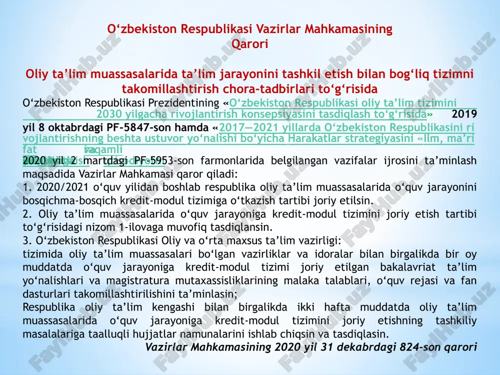 m oluvchilarning faoliyatini baholash mezonlarini aks ettiradi. ta’lim oluvchilar tomonidan barcha majburiy faoliyat turlari bajarilgandan va ular baholangandan so‘ng kreditlarni to‘plash mumkin. kredit-modul o‘qitish tizimi o‘quv jarayonining quyidagi shakllaridan tashkil topadi: auditoriya mashg‘ulotlari – ma’ruza, nazariy, amaliy, seminar, laboratoriya mashg‘ulotlari, o‘quv (klinik) amaliyoti; auditoriyadan tashqari mashg‘ulotlar (mustaqil ta’lim) – ilmiy kutubxonada ishlash, mustaqil ishlar, referatlar yozish, individual maslahatlar, ishlab chiqarish (malaka) amaliyoti, kurs ishi, bitiruv malakaviy ishi, ta’lim oluvchilarning ilmiy anjumanlarda qatnashishi, magistratura mutaxassisliklarida ilmiy faoliyat turlari va boshqalar. ects (the european credit transfer and accumulation system) yevropa kredit transfer tizimi ects – yevropa kredit transfer tizimi 1989 yilda asos solingan bo‘lib, yevropa davlatlari tomonidan ishlab chiqilgan, tekshirilgan va takomillashtirilgan kreditlarni taqsimlash tizimidir. ects tizimida talaba olgan bilimining bahosini bir davlatdan (otmdan) ikkinchi davlatga (otmga) erkin ko‘chishini, erishilgan ko‘nikma va malakasini erkin tan olinishini, pirovardida barchasini hisobga olib daraja (diplom) olishini nazarda tutuvchi tizimdir. ects tizimida ta’lim olishning barcha turlari …