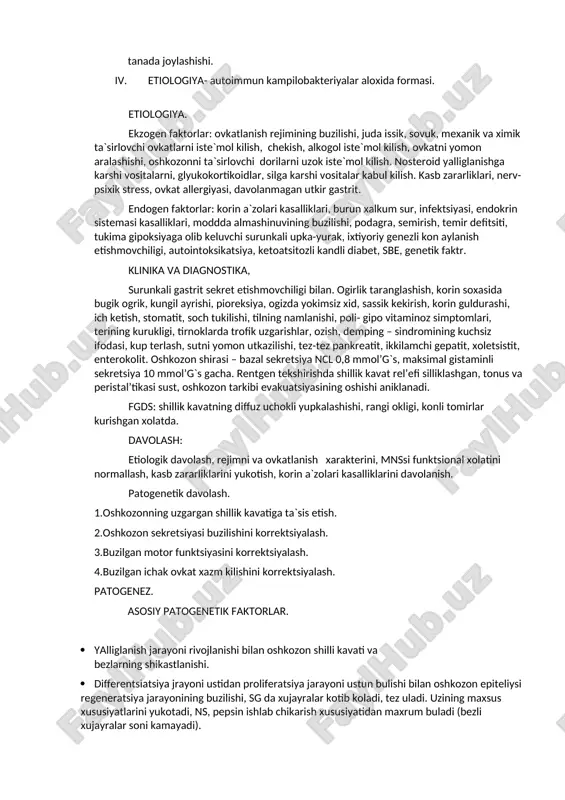 rankali gastrit klassifikatsiyasi (t.ya. grigor’ev, e.p. vdovenko (1990) i. morfologiya: 1. surunkali gastrit a tipi. 2. surunkali gatsrit v tipi. antral formasi, diffuz formasi. 3. surunkali gastrit, aralash aqv atrofiyali. ii. kislota xosil kiluvchi funktsional xolati: 1.surunkali gastrit yukori va normal sekretsiyasi bilan. 2.surunkali gastrit sekretsiya etishmovchiligi bilan 1. urtacha 2. umuman iii. kasallik fazasi – 1. kuzish. 2. remissiya surunkali gastritning klassifikatsiya (s.m. ro`ss. (1974), a.l. greben’ (1981) 1.etiologik belgisi a) birlamchi ekzogenli (alimentar zararliklar – alkogol’ ichish va chekish, kasb zararliklari), b) ikkilamchi endogenli – reflektor. neyroendokrin, toksikometabolik, metabolik. ii morfologik belgisi: 1.yuza - atrofiyasiz, bezlar shikastlanishi bilan 2.atrofik. 3.gipertrofik. iii. joylashishi: - tarkalgan – chegarali iv. funktsional belgisi: · sekretsiya saklangan yoki oshgan: · sekretsiya etishmovchiligi bilan: · urtacha ifodalangan. v. klinik belgisi: a) kompensatsiyali: b) dekompensatsiyali vi. aloxida formalari: · rigidli, · gigantli, · gipertrofik, · polipozli, · erozivli. vii. surunkali gastritning boshka kasalliklari bilan birga …