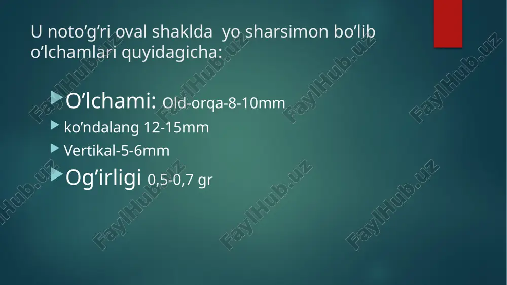 nlarda follikulalar yetilishini -erkaklarda spermatogenezni stimullaydi stg oqsil tabiatli gormon 191tadan aminokislotadan iborat ta’sirlari: -endoxondrial suyaklanish jarayoniga ta’sir qiladi ya’ni suyaklarni uzunasiga o’sishini ta’minlaydi -anabolic jarayonlarni stimullaydi -ca va p almashinuvida ishtirok etadi. -rnk sintezini oshiradi -qonda glyukoza miqdorini oshiradi, diabetogen ta’sir qiladi -lipolizni oshiradi prl oqsil tabiatli gormon 198ta aminokislotadan iborat ta’sirlari: -sut bezi o’sishi va rivojlanishini stimullaydi -laktatsiyani oshiradi -ayollarda sariq tana hosil bo’lishida ishtirok etadi (lyuteatrop gr) -erkaklarda prostata bezini o’sishini stimullaydi ikkilamchi jinsiy belgilar rivojlanishida steroidlar effektini amalga oshiradi -diabetogen ta’sir qiladi -fsg sekretsiyasini kamaytiradi -yog’almashinuviga ta’sir qiladi msg polipeptid bo’lib alfa va bettaga bo’linadi. alfa 13ta aminokislotadan betta 22ta aminokislotadan tashkil topgan ta’sirlari teridagi melanin pigmentini biosintezini oshiradi to’r pardadagi tayoqcha va kolbochkalar aktivligini oshiradi. qorong’ida ko’z adaptatsiyasini oshiradi. vazopressin oktapeptid 8ta aminokislodan iborat. ta’sirlari: -siydikda osmotic konsentartsiyasini oshiradi. -siydik chiqishini pasaytiradi -buyrakda suv reabsorbsiyasini oshiradi -qon tomirlar spazmini chaqiradi oksitotsin oktapeptid 8ta aminokislotadan iborat …