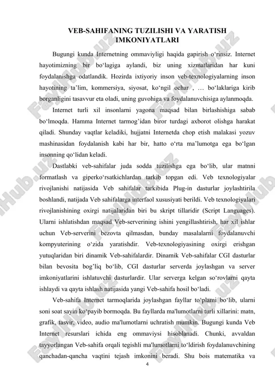 im etilgan axborotning katta qismi jamlangan. veb-serverlar ma'lumotlar bazalari va multimediyali ma'lumotlarni bir biriga moslashtiradi. veb-serverda veb-sahifa va veb-saytlar saqlanadi. veb-serverda mijoz kompyuteri tizimini tashkil qilishning umumiy tamoyillari nuqtai nazaridan mijoz-server texnologiyalari ishlatiladi. hozirgi kunda oddiy veb-serverni yaratish texnologiyasini ancha oddiy vazifa deb hisoblasa bo‘ladi. asosiy qiyinchilik server sahifasini badiiy bezashdan iborat. html kodlarni yozishda qo‘llaniladigan matn muharrirlari haqida ma’lumot windows muxitidagi matn muxarrirlari: notepad, textpad, ultraedit, edutplus. ko‘rsatilgan hamma matn muxarrirlari yordamida html kodlarni yozishda qo‘llash mumkin. ko‘pgina matn muxarrirlarida html kodlarni xatto programmalashtirish tillarida kodlarni yozish juda qulay. ba'zilari avtomatik ravishda operatorlar, funksiyalarni tanish va ularni har xil ranglarda tasvirlash imkoniyatiga ega. ba'zi matn muxarrirlarida html hujjatni web-brauzerda sinab ko‘rish tugmasi mavjud. html hujjatni yaratishga mo‘ljallangan maxsus programmalar (html muxarrirlar) ham mavjud: frontpage, adobe golive, macromedia dreamweaver, nestcape composer. muxarrirlar 2 turga bo‘linadi: · kod muxarrirlari; · wysiwyg texnologiyasi (what you see is what you get – nimani …