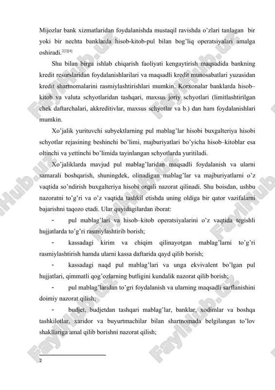 banklar, xodimlar va boshqa tashkilotlar, xaridor va buyurtmachilar bilan shartnomada belgilangan to’lov shakllariga amal qilib borishni nazorat qilish; · qarzlarni qaytarish muddatidan o’tkazib yubormaslik maqsadida debitor va kreditorlar o’rtasidagi o’zaro hisob – kitoblarni o’z vaqtida taqqoslama dalolatnomalar bilan rasmiylashtirish hamda uni so’ndirish bo’yicha chora-tadbirlar ko’rish; · xo’jalikning pul mablag’lari harakatini oldindan prognozlash va pul oqimini me’yorlashtirish bo’yicha tegishli tadbirlar ishlab chiqishda iboratdir. 2. kassa operatsiyalarini hisobga olish korxonaning kassasi buxgalteriya aparatining tarkibida bo’lib, unga naqd pul mablag’lari va boshqa qimmatliklar (qimmatli qog’ozlar, pulli hujjatlar, pochta markalari va boshqa) ni qabul qilish, berish hamda saqlash operatsiyalarini amalga oshirish majburiyati yuklatilgan. pul mablag’larining butligi, kassa operatsiyalarini bajarish bo’yicha moddiy javobgarlik korxona rahbari tomonidan tayinlanadigan kassirga biriktirilgan. kassa operatsiyalarini yuritish amaldagi qoidaga ko’ra tartibga solinadi. [3][5] kassada kechiktirib bo’lmaydigan xarajatlarni qoplash uchun zarur bo’lgan belgilangan limit doirasida qoldiq bo’lishi mumkin. belgilangan limitdan ortiqcha naqd pul kassada faqat ish haqi, pensiya, nafaqa, stipendiya berish …