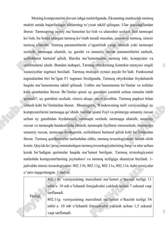 at: tarmoqning asosiy ma’lumotini ko’rish va ulanishni sozlash faol tarmoqni ko’rish, bu holda ulangan tarmoq ko’rinib turadi masalan, jamoaviy tarmoq, simsiz tarmoq ulanishi. tarmoq parametrlarini o’zgartirish yangi ulanish yoki tarmoqni sozlash, tarmoqqa ulanish, uy guruhi va umumiy ruxsat parametrlarini tanlash, uzilishlarni bartaraf qilish. barcha ma’lumotnoma, tarmoq ishi, kompyuter va qurilmalarni ulash. bundan tashqari, tarmoq obyektining kontekst menyusi orqali xususiyatlar tugmasi bosiladi. tarmoq muloqot oynasi paydo bo’ladi. funksional tugmalardan biri bo’lgan f1 tugmasi bosilganda, tarmoq obyektidan foydalanish haqida ma’lumotnoma taklif qilinadi. ushbu ma’lumotnoma bo’limlar va toifalar kabi qismlardan iborat. bo’limlar qismi uy guruhini yaratish uchun nimalar talab qilinadi?, uy guruhini sozlash, simsiz aloqa; savol-javoblar, tarmoq papkasi bilan ishlash kabi bo’limlardan iborat. shuningdek, windowsning turli versiyasidagi uy kompyuterlarini tarmoqqa qo’shish, toifalar qismi fayl va printerga umumiy ruxsat uchun uy guruhidan foydalanish, tarmoqni sozlash, tarmoqqa ulanish, umumiy ruxsat va tarmoqda hamkorlikda ishlash, tarmoqda fayllarni sinxronlash, internetga umumiy ruxsat, tarmoqni boshqarish, uzilishlarni bartaraf qilish …