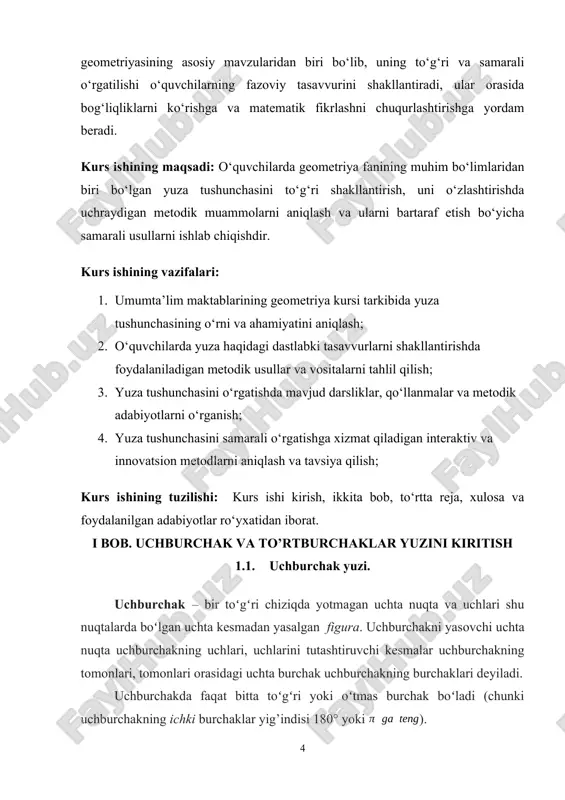 tkir) boʻlgan uchburchak. asosiy xossalari: · uchburchak ichki burchaklari yigʻindini 180° ga teng · uchburchakning tashqi burchagi oʻziga qoʻshni boʻlmagan ikkita ichki burchaklar yigʻindisiga teng · uchburchak tashqi burchaklari yigʻindisi 360° ga teng uchburchak ixtiyoriy tashqi burchagi oʻziga qoʻshni boʻlmagan ichki burchaklar yigʻindisiga teng tomon va unga tushirilgan balandlik orqali uchburchak yuzasini topish uchburchak yuzini hisoblashning bir necha usulllari mavjud. bularning ichida eng soddasi ushbu formula orqali topishdir: bu yerda s – uchburchak yuzi, a – uchburchak tomoni, h – oʻsha tomonga tushirilgan balandlik. geron formulasi yordamida uchburchak yuzasini hisoblash. uchburchak yuzini topishda geron formulasidan ham foydalaniladi. geron formulasidan faqat uchburchak uchala tomoni aniq boʻlgandagina foydalanish mumkin. geron formulasi quyidagicha: bu yerda ga teng (uchburchak yarimperimetri) a,b,ca,b,c – uchburchak tomonlari uzunligi. geron formulasi yozilishining yana 2 ta ekvivalent yoʻli bor: burchak sinusi yordamida uchburchak yuzasini hisoblash tomonlari a, b, c va burchaklari α,β,γ boʻlgan uchburchak uchburchak yuzini berilgan ixtiyoriy ikki …
