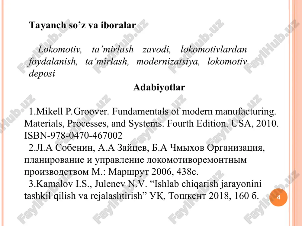 hirish. * teplovozlarni yig’ish sexi te10 turidagi teplovozlarning barcha modifikatsiyalarini, tem1, tem2, tem18 va chme3 manyovr teplovozlarini, vl60k, vl60 p/k, vl80s elektrovozlarini kt-1, kt-2 hajmida kapital ta’mirlash, shuningdek tep70bs va uzte16m teplovozlarini joriy ta’mirlashni amalga oshiradi. elektr mashinalar sexi barcha turdagi elektr mashinalari, shuningdek elektrovozlarning tortuv transormatorlarini kapital ta’mirini bajaradi. elektr apparatlar sexi elektr apparatlari va asboblarini ta’mirlash, elektr simlarini almashtirish, teplovozlar, elektrovozlar maxsus vagonlar elektr sxemalarini sozlash va rostlash, elektr jihozlarini ta’mirlash va sozlash ishlarini amalga oshiradi. dizel sexi d100, d50, 1a9dg dizellarini kapital ta’mirlaydi va nazorat-sinov stantsiyasida sinovlarini o’tkazadi. * ta’mirlash-jamlash sexi teplovozlar va elektrovozlar aravchalarini kapital ta’mirlash, vagonlar aravachalarini kapital ta’mirlash, teplovozlar va elektrovozlar agregatlari va uzellarini kapital ta’mirlash ishlarini bajaradi. elektrovozlarni yig’ish sexi vl60, vl80 turidagi elektrovozlarni hizmat muddatini uzaytirgan xolda kt-1, kt-2 hajmida kapital ta’miri, pe2u,m o’zgarmas tok tortuv agregati va maxsus vagonlarni kapital ta’mirini amalga oshiradi. quyuv sexlari quymalar, teplovozlar, elektrovozlar, vagonlar uchun tormoz …