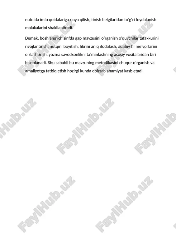 berishni o‘rganadilar. 3-bosqich. gapning maqsadga ko‘ra turlari bilan tanishtirish · hikoya gap: men maktabga bordim. · so‘roq gap: sen maktabga bordingmi? · buyruq gap: maktabga bor! · undov gap: voy, qanday chiroyli gullar! o‘quvchilar har bir turdagi gapni matndan topish va tuzish orqali amaliy ko‘nikmaga ega bo‘ladilar. 4-bosqich. gap bo‘laklari bilan tanishtirish o‘quvchilar gapda bosh bo‘laklar (ega va kesim) va ikkinchi darajali bo‘laklarni (to‘ldiruvchi, aniqlovchi, hol) aniqlashni o‘rganadilar. masalan: bolalar (ega) bog‘da (hol) o‘yin (to‘ldiruvchi) o‘ynamoqda (kesim). 5-bosqich. gapni kengaytirish va qisqartirish mashqlari · oddiy gap: gul ochildi. · kengaytirilgan gap: bahorda bog‘da chiroyli gullar ochildi. bu mashqlar o‘quvchilarning fikrlash doirasini kengaytiradi va ularni ijodiy nutqqa tayyorlaydi. o‘qitishda qo‘llaniladigan metod va usullar gapni o‘rgatishda quyidagi metodlar samarali hisoblanadi: · kuzatish metodi – matn va rasmlar asosida gapni ajratish; · savol-javob metodi – gapni fikr sifatida anglashga yo‘naltirish; · amaliy mashqlar – so‘zlardan gap tuzish, gapni davom ettirish, gapni kengaytirish; · …