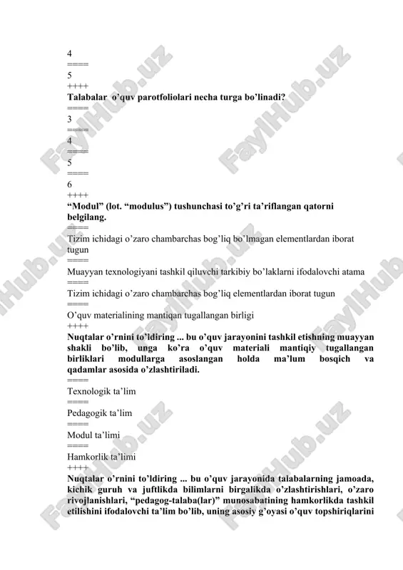 muammoni qo’yish qaysi bosqichlarda amalga oshiriladi? ==== muammoni anglash; uni hal etish zaruriyatini tushunish; muammoning yechimini topish. ==== muammoni bayon qilish; muammoni hal qilish yo’llarini izlash; samarali yo’lni aniqlash. ==== muammoni izlash; muammoni bayon qilish; muammoni hal qilish. ==== muammoni izlash; muammoni qo’yish; muammoni hal qilish. ++++ lug’aviy jihatdan “interfaol” tushunchasi qanday ma’nosini anglatadi? ==== “o’zaro harakat qilmoq” ==== “o’zaro fikr almashmoq” ==== “o’zaro yordam bermoq” ==== “o’zaro kelishib olmoq” ++++ hamkorlik ta’limini qo’llashda talabalar qanday shakllarda ta’lim oladilar? ==== juftlikda kichik, guruhda, onlayn ==== juftlikda kichik, guruhda, alohida ==== juftlikda kichik, guruhda, jamoada ==== juftlikda kichik, guruhda, masofada ++++ o’qituvchi tomonidan talabani muammoli vaziyat, muammoli masalani hal etishga yo’naltirish orqali unda bilish faolligini oshirishga yo’naltirilgan ma’ruza qanday ma’ruza sanaladi? ==== binar ma’ruza ==== ma’ruza-bayon ==== muammoli ma’ruza ==== ma’ruza-seminar ++++ nuqtalar o’rnini to’ldiring. ... bu yaxlit mavzuni bir nechta qismlarga ajratgan holda mazmunini yoritish asosida talabalarning uni puxta o’zlashtirishi, …