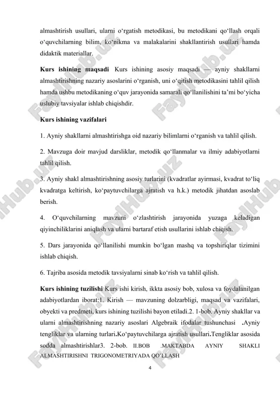 sh: algebraik ifodani ko‘paytuvchilar ko‘rinishida ifodalash. algebraik kasrlarni qisqartirish: tenglamalar, tengsizliklar va kasrlar ustida ishlashda qulaylik yaratadi. matematik modellashtirish: fizika, kimyo, iqtisod kabi fanlarda ifodalarni soddalashtirib, real muammolarni hal qilish imkonini beradi. ayniy shaklni almashtirish o‘quv jarayonida nima uchun muhim? pedagogik mohiyati: 1. o‘quvchining mantiqiy fikrlashini rivojlantiradi. 2. matematik tafakkurni mustahkamlaydi. 3. tushuncha asosida ishlashni o‘rgatadi (shablon emas). 4. tenglama va tengsizliklarni yechishda asos bo‘lib xizmat qiladi. 5. formulalarni qo‘llash malakasini shakllantiradi. psixologik nuqtai nazardan: tahliliy fikrlashni kuchaytiradi. xatolar ustida ishlashga o‘rgatadi. mustaqil fikrlash va qaror qabul qilishga undaydi. 6. o‘quvchilarda ayniy shaklni almashtirishni shakllantirishda nimalarga e’tibor berish kerak? nazariy tushunchani sodda misollar orqali tushuntirish formulalarni yodlash emas, ularning mazmunini tushunishga e’tibor qaratish bosqichma-bosqich mashq bajarish (oddiydan murakkabga) xatolarni o‘rganish va tahlil qilishga vaqt ajratish real hayotiy misollarda qo‘llash (masalan: geometrik shakllar, tezlik, masofa misollarida ayniy shaklni almashtirish — bu algebraik ifodani soddalashtirish, o‘zgartirish, va ko‘paytuvchilarga ajratish orqali yangi, ammo …