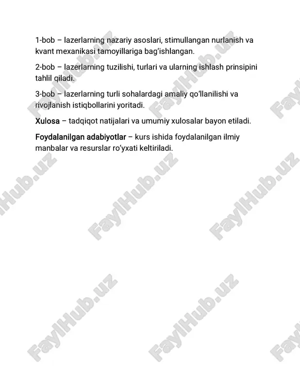 da:tibbiyot – jarrohlik, lazer terapiya va oftalmologiya (masalan, kataraktani davolash); sanoat – lazerli kesish, payvandlash va aniq ishlov berish;optik aloqa – optik tolali aloqa tizimlari; harbiy texnologiyalar – lazerli nishonga olish va harbiy kommunikatsiya. stimullangan nurlanish va uning mohiyati. stimullangan nurlanish – atom yoki molekulalarning yuqori energiya holatidan past energiya holatiga o‘tishi natijasida hosil bo‘ladigan nurlanish jarayonidir. ushbu jarayonda tashqi foton ta’sirida qo‘shimcha foton chiqariladi va hosil bo‘lgan nurlanish boshlang‘ich foton bilan bir xil chastota, faza va yo‘nalishga ega bo‘ladi. stimullangan nurlanish tushunchasi 1917-yilda albert eynshteyn tomonidan ilgari surilgan bo‘lib, u lazer fizikasi asosini tashkil etadi. lazer nurlarining koherentligi, monoxromatikligi va yo‘nalganligi ushbu jarayon natijasidir.lazer hosil qilish uchun populyatsiya inversiyasi (yuqori energiya holatidagi atomlar sonining ko‘proq bo‘lishi) yaratilishi lozim. bunga optik nasoslash, elektr toki orqali qo‘zg‘atish yoki kimyoviy jarayonlar yordamida erishiladi. stimullangan nurlanish bugungi kunda tibbiyot, sanoat, aloqa va harbiy texnologiyalar kabi ko‘plab sohalarda keng qo‘llanilmoqda. 1.2 lazerlarning ishlash prinsipi …