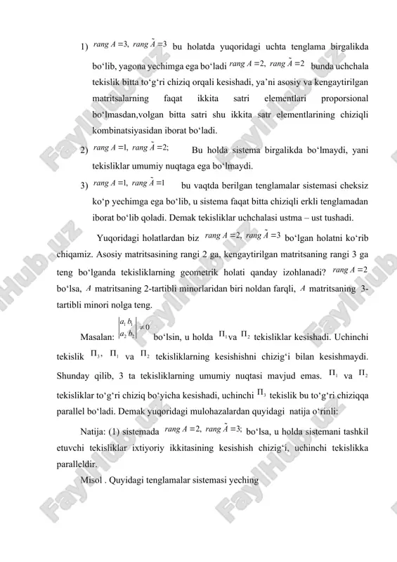 stemasi yeching bu tenglamalar sistemasining koeffitsientlaridan tuzilgan va kengaytirilgan matritsalarini tuzamiz: bu matritsalarning rangini hisoblasak ekanligini ko‘ramiz. bundan esa quyidagi xulosani chiqarishimiz mumkin. tenglamalar sistemasini tashkil qiluvchi tekisliklarning ihtiyoriy ikkitasi to‘g‘ri chiziq bo‘yicha kesishadi, uchinchi tekislik esa, bu to‘g‘ri chiziqqa parallel bo‘ladi. bu mulohazalarimizni qaralayotgan misolda ko‘rib chiqamiz. ikkita tekislikning kesishishidan hosil bo‘lgan to‘g‘ri chiziqning yo‘naltiruvchi vektorini topamiz. ikkita tekislikning normal vektorlarining vektor ko‘paytmasi to‘g‘ri chiziqning yo‘naltiruvchi vektori bo‘yicha yo‘nalgan bo‘ladi. keltirilgan natijaga ko‘ra, to‘g‘ri chiziqning yo‘naltiruvchi vektori bilan uchinchi tekislikning normal vektori perpendikulyar bo‘ladi, ya’ni ,demak chiziqli tenglamalar sistemasi yechimga ega emas. adabiyotlar 1.xojiev j.x. faynleyb a.s. algebra kursi, toshkent, «o‘zbekiston», 2001y. 2. ash. r. b. abstract algebra. usa, 2000. 3. . ayupov a.sh., omirov b.a., xudoyberdiyev a.x. chiziqli algebra (darslik). «muxr-press» nashriyoti. toshkent, 2023. -392 bet. oleobject2.bin image3.wmf oleobject3.bin image4.wmf oleobject4.bin image5.wmf oleobject5.bin image6.wmf oleobject6.bin oleobject7.bin image7.wmf oleobject8.bin image8.wmf oleobject9.bin image9.wmf oleobject10.bin image10.wmf oleobject11.bin image11.wmf oleobject12.bin image12.wmf oleobject13.bin …