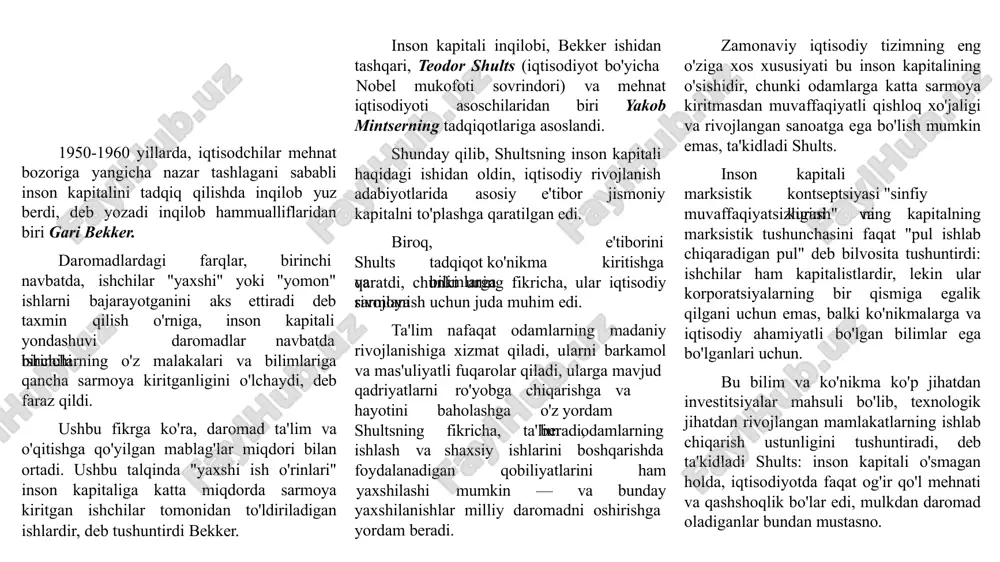 yaqinlashganda, o'qitishga investitsiyalar kamayadi va ulardan keladigan daromad kamayadi. ushbu tenglamada o'zgaruvchilar quyidagi ma'noga ega: ω— bu ish haqi (ω0— ma'lumotsiz va ish tajribasiga ega bo'lmagan shaxsning ish haqi); s — ta'lim yillari soni; χ— yillik ish staji. ρ i β1, β 2 parametrlarini mos ravishda trening va tajriba hissasi sifatida talqin qilish mumkin. ta'lim davomiyligi va daromadning nisbiy darajasi o'rtasidagi bog'liqlikni aks ettiruvchi tenglama mintzer nomi bilan atalgan va iqtisodiyotda eng ko'p ishlatiladiganlardan biriga aylandi. yuqorida muhokama qilingan inson kapitalining talqini asosida quyidagi xususiyatlarni aniqlash mumkin: -zamonaviy sharoitda jamiyatning asosiy qadriyati va iqtisodiy o‘sishning asosiy sharti inson kapitali hisoblanadi; -inson kapitalini shakllantirish shaxsning xarajatlarni talab qiladi; -inson kapitali to'planishga intiladi; o'zidan katta -inson kapitali jismonan eskirishi, iqtisodiy jihatdan qiymatini o'zgartirishi va qadrsizlanishi mumkin; -inson kapitali likvidligi jihatidan jismoniy kapitaldan farq qiladi; - inson kapitali o'z egasidan ajralmaydi; -inson kapitalidan foydalanish va to'g'ridan-to'g'ri daromad olish, shakllanish manbalaridan qat'i nazar, shaxsning …