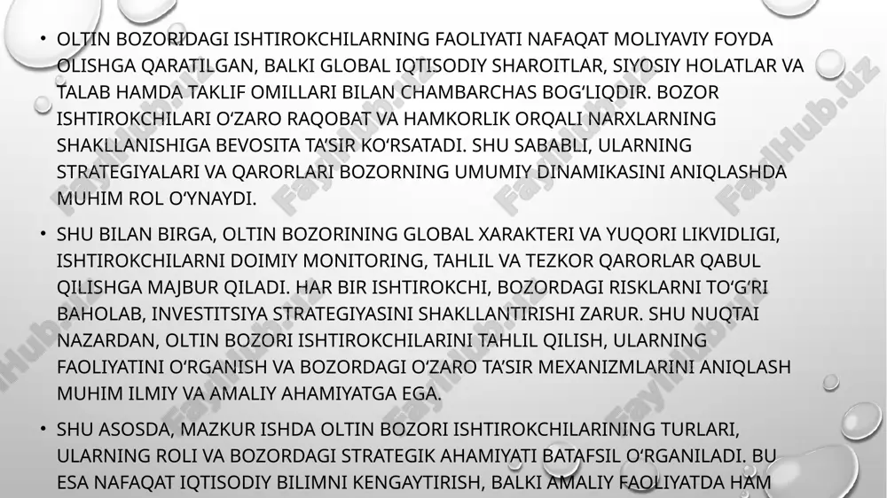 chilar va distribyutorlar oltin bozori vositachilari – bu ishlab chiqaruvchi va iste’molchi o‘rtasida faoliyat yuritadigan shaxslar yoki tashkilotlardir. bunga zargarlik do‘konlari, savdo kompaniyalari, oltin sotuvchi firmalar kiradi. ular oltinni iste’molchiga yetkazib berish jarayonini tashkil qiladi, bozorning likvidligini ta’minlaydi va narxlarning muvozanatlashishida muhim rol o‘ynaydi. vositachilar, shuningdek, bozorni tadqiq qilish va mijozlarga investitsiya tavsiyalarini berish orqali ham ishtirok etadi. 3. investorlar va spekulyantlar oltin bozori investorlar uchun ham katta imkoniyatlar yaratadi. investorlar oltinni xavfsiz sarmoya sifatida qabul qiladi va uning narxi bo‘yicha spekulyativ faoliyat olib boradi. bu guruh bozor narxlarining dinamikasiga sezilarli ta’sir ko‘rsatadi, chunki ular talabni oshirish yoki kamaytirish orqali narxlarni harakatga keltiradi. spekulyantlar tezkor foyda olishni maqsad qilgan holda, bozorning qisqa muddatli o‘zgarishlaridan foydalanadi, bu esa bozor likvidligi va harakatchanligini oshiradi. 4. moliya institutlari banklar, fond birjalari va investitsiya kompaniyalari oltin bozorida katta rol o‘ynaydi. ular nafaqat moliyaviy vositalarni yaratadi, balki bozorda narxlarni barqarorlashtirishga hissa qo‘shadi. shu bilan birga, …