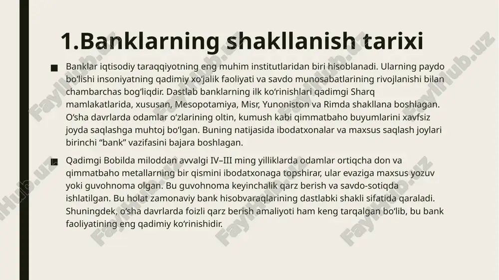 boshqarish; to‘lov tizimining barqaror ishlashini ta’minlash. masalan, o‘zbekistonda bu vazifani o‘zbekiston respublikasi markaziy banki bajaradi. tijorat banklari bank tizimining ikkinchi pog‘onasi hisoblanadi. ularning asosiy vazifalari: jismoniy va yuridik shaxslarning depozitlarini qabul qilish; kredit berish; to‘lov va hisob-kitob xizmatlarini amalga oshirish; investitsiya loyihalarini moliyalashtirish; xalqaro bank amaliyotlarini bajarish (akkreditiv, inkasso, valyuta operatsiyalari). tijorat banklari odatda davlat banklari, xususiy banklar va xorijiy kapital ishtirokidagi banklar shaklida faoliyat yuritadi. bundan tashqari, bank tizimi tarkibida turli ixtisoslashgan moliya institutlari ham mavjud bo‘lishi mumkin, masalan: ipoteka banklari, investitsiya banklari, mikrokredit tashkilotlari va boshqalar. bank tizimining ahamiyati bank tizimi nafaqat moliyaviy vositachilikni amalga oshiradi, balki: iqtisodiy barqarorlikni ta’minlaydi; bozor iqtisodiyoti mexanizmining to‘liq ishlashiga yordam beradi; davlat va jamiyat manfaatlarini uyg‘unlashtiradi; jamg‘armalarni investitsiyaga yo‘naltirish orqali ishlab chiqarishni rivojlantiradi. 3. banklarning asosiy funksiyalari banklar iqtisodiyotda moliyaviy vositachilikni amalga oshiradigan eng muhim institutlardan biridir. ular nafaqat pul mablag‘larini saqlash va taqsimlashda, balki butun iqtisodiyotning samarali ishlashida ham beqiyos rol …