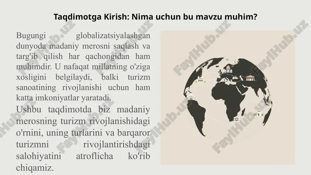 , gidlar va boshqa xizmat ko'rsatuvchilar uchun imkoniyatlar yaratadi. 11 madaniy meros tushunchasi va uning turlari madaniy meros insoniyat taraqqiyotining eng muhim boyliklaridan biri hisoblanadi. u jamiyatning tarixiy xotirasini saqlovchi, avloddan-avlodga o‘tib keladigan moddiy va ma’naviy qadriyatlarni o‘z ichiga oladi. madaniy meros tushunchasi keng qamrovli bo‘lib, unda xalqning yashash tarzi, an’analari, diniy qarashlari, san’ati, adabiyoti, ilm-fani, me’morchiligi va hatto urf-odatlari ham mujassamdir. har bir xalqning o‘ziga xos madaniy merosi uning milliy o‘zligining poydevori, tarixiy xotirasi va kelajak avlodlar uchun bebaho saboq manbai sifatida xizmat qiladi. shu bois, madaniy merosni asrab-avaylash, uni chuqur o‘rganish va kelajak avlodlarga yetkazish eng muhim vazifalardan biridir. 12 madaniy meros ikki katta turga ajratiladi. birinchisi moddiy merosdir. moddiy merosga tarixiy yodgorliklar, qadimiy shaharlar, me’moriy inshootlar, haykallar, qo‘lyozmalar, san’at asarlari, xalq amaliy san’ati namunalari kiradi. masalan, samarqand, buxoro, xiva kabi shaharlardagi madrasa, masjid va maqbaralar, registon majmuasi, ichan qal’a, shohizinda yodgorliklari moddiy meros namunalaridir. ular xalqning qadimdan …