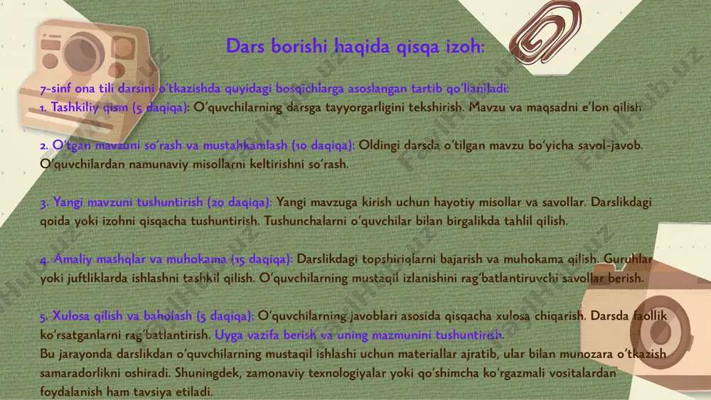 3. mashq va simulyatsiyalar: masalan, o‘tilgan grammatik qoidalarni qo‘llash uchun o‘quvchilar turli xil masalalar yechadilar yoki ro‘l o‘ynash metodlari orqali amaliyot bajaradilar. yangi mavzu bayoni gumon olmoshlari bayoni: gumon olmoshlari — ma’lum bir holat yoki hodisa haqida shak-shubha ifodalaydigan olmoshlardir. ular, odatda, biror narsa haqida to‘liq ishonch yo‘qligini yoki ehtimolligini bildirish uchun ishlatiladi. misollar: kimdir: «kimdir kelgan edi» (ehtimol kimdir kelgan). biri: «biri yozayotgan edi» (biri, ehtimol, yozayotgan). ba’zan: «ba’zan u kelib ketadi» (u ehtimol, ba’zan kelib turadi). gumon olmoshlari gapga ehtimollik bildiradi va unda to‘liq ishonch bo‘lmaydi. gumon olmoshlari bo‘yicha qoidaga olib kiruvchi mashq va topshiriqlar: 1. gumon olmoshlari bilan gap tuzish: o‘quvchilarni quyidagi jumlalarda gumon olmoshlarini ishlatib, yangi gaplar tuzishga taklif qiling: «kimdir kelgan edi...» «ba’zan u...» «biri u yerda...» masalan: kimdir eshikni taqillatgan edi. biri mendan so‘ragan edi. 2. gumon olmoshlari bilan gap to‘ldirish: quyidagi incomplete jumlalarni to‘ldirish: «biri u bilan gaplashgan edi, lekin...» «kimdir keldi, lekin...» …