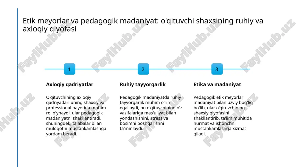 rning rivojlanishiga ta'sir ko'rsatdi. bu jarayonlar o'qituvchining shaxsiy va professional obro'sini belgilashda muhim ahamiyatga ega. etik meyorlar va o'qituvchi shaxsining ijtimoiy va madaniy obro'si 1 axloqiy qadriyatlar o'qituvchining axloqiy qadriyatlari uning ijtimoiy va madaniy obro'siga asos bo'lib, hurmat, halollik va adolat kabi prinsiplarni namoyon etadi. 2 madaniy ta'sirlar o'qituvchining shaxsiy va professional xususiyatlari uning madaniyatiga moslashgan holda, jamiyatdagi obro'sini mustahkamlaydi va ijtimoiy qabul qilinishini ta'minlaydi. 3 etika va jamiyat pedagogik etika jamiyatda o'qituvchining shaxsiy va ijtimoiy obro'sini oshiradi, shuningdek, yosh avlodni madaniyat va qadriyatlar asosida tarbiyalashda muhim rol o'ynaydi. pedagogik etikaning ahamiyati jamiyatda sog‘lom axloqiy muhitni shakllantirishda, yosh avlodni barkamol shaxs sifatida tarbiyalashda juda katta. har qanday ta’lim tizimi o‘z samarasini asosan o‘qituvchilarning axloqiy fazilatlariga bog‘liq holda namoyon qiladi. agar o‘qituvchi o‘z kasbiga vijdonan yondashsa, o‘quvchilarga mehr bilan muomala qilsa, u holda bu nafaqat bilim darajasining oshishiga, balki o‘quvchilarning shaxs sifatida shakllanishiga ham xizmat qiladi. bugungi kunda ta’lim jarayonida insonparvarlik, …