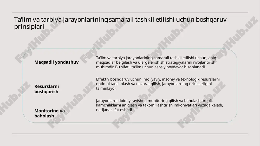 'lumotlar sifatida ishlatiladi. bu yondashuv muammolarni aniqlash va yaxshilash imkonini beradi. boshqaruvni takomillashtirish uchun yangi tendensiyalar va ilg'or amaliyotlar innovatsion yondashuvlar zamonaviy boshqaruvda innovatsion texnologiyalar va metodologiyalar muhim ahamiyat kasb etadi. digital platformalar va analitik vositalar yordamida qarorlar yanada aniq va samarali qabul qilinadi. texnologik integratsiya boshqaruv jarayonlariga zamonaviy texnologiyalarni joriy etish orqali vaqt va resurslarni tejash, shuningdek, muassasa faoliyatini oshirish mumkin. bu, ayniqsa, raqamli transformatsiya davrida muhim. xalqaro tajribalar xalqaro amaliyotlarni o‘rganish va ularni o‘zbekiston sharoitlariga moslashtirish orqali boshqaruv tizimining samaradorligini oshirish mumkin. bu, yangi tendensiyalarni joriy qilishda muhim asosdir. zamonaviy universitet boshqaruvida strategik yondashuvlar va muhim tamoyillar strategik rejalashtirish innovatsion yondashuvlar hamkorlik va hamjihatlik zamonaviy universitet boshqaruvida samarali strategik rejalashtirish muhimdir. u rivojlanish yo‘nalishini belgilab, resurslarni optimal taqsimlash imkonini beradi. yangi texnologiyalar va metodologiyalar bilan integratsiya qilish, innovatsion yondashuvlar universitetning raqobatbardoshligini oshiradi va rivojlanishiga turtki bo‘ladi. ochiq muloqot va hamkorlik muhitini yaratish, barcha tomonlarning fikr va ehtiyojlarini inobatga …