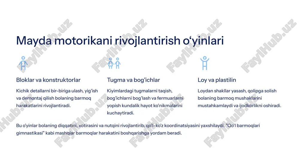 niy va aqliy salomatligi uchun muhimdir. 10 xulosa va chaqiriq asosiy rivojlanish motorika rivojlanishi bolalarning umumiy rivojlanishi va maktabga tayyorgarligining poydevoridir. individual yondashuv har bir bola uchun uning yoshi va qobiliyatlariga mos individual yondashuv va muntazam mashg‘ulotlar zarur. hamkorlik ota-onalar va pedagoglar birgalikda bolalarning motorika qobiliyatlarini rivojlantirishga e'tibor qaratishi lozim! bolalarning harakatlari orqali dunyoni kashf etishlariga yordam berish, ularning kelajakdagi muvaffaqiyatlari uchun zamin yaratish bizning qo'limizda. 11 foydalanilgan adabiyotlar karimova l.a. bola psixologiyasi. — toshkent: o‘zbekiston milliy ensiklopediyasi, 2019. g‘ofurova m.t. maktabgacha yoshdagi bolalar psixologiyasi. — toshkent: fan, 2016. vygotskiy l.s. psixologik rivojlanish nazariyalari. — moskva: pedagogika, 1984. smirnova e.o. rivojlanish psixologiyasi: motorika va tafakkur aloqalari. — moskva: akademiya, 2018. berk l.e. infant and child development. — pearson education, 2013. gallahue d.l., ozmun j.c. understanding motor development in children. — mcgraw-hill, 2006. 12 image1.png image2.png image3.png image4.png image5.png image6.png image7.png image8.png image9.png image10.png image11.png image12.png image13.png image21.png image14.png image15.png image16.png …