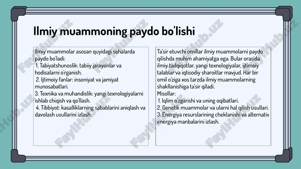ud: - **swot tahlili**: bu usul muammolarni kuchli tomonlar, zaif tomonlar, imkoniyatlar va tahdidlar nuqtai nazaridan tahlil qilish imkonini beradi. - **tadqiqot va statistik ma'lumotlar**: o'rganilgan muammolar bo'yicha to'plangan ma'lumotlar va natijalar, amaliyotga asoslangan statistikalar, ekspert fikrlari va tajribalar orqali shakllanadi. - **amaliyotga tatbiq**: o'rganilgan muammolarni amaliyotda qo'llash, ilmiy tadqiqot natijalarini hayotga joriy etish imkonini beradi. bu amaliyotlar, masalan, tibbiyot, iqtisodiyot va ekologiya sohalarida keng qo'llaniladi. o'rganish jarayoni va natijalari o'rganish jarayonining bosqichlari aniq maqsadlarni belgilash, metodologiya tanlash va tadqiqotni amalga oshirishdan iborat. bu bosqichlar o'zaro bog'liq bo'lib, har birining muvaffaqiyati keyingi bosqichlarga ta'sir qiladi. masalan, maqsadlar aniqlanganidan so'ng, tegishli metodologiya tanlanishi va davomida qat'iy amal qilinishi lozim. o'rganish natijalarining baholanishi muhim bir jarayon bo'lib, natijalarning ilmiy va amaliy qiymatini aniqlashda yordam beradi. natijalar tadqiqotning muvaffaqiyatini ko'rsatadi va kelajakda yangi tadqiqotlar uchun asos yaratadi. baholash uchun o'lchovlar ishlab chiqilishi va natijalarni tahlil qilinishi zarur. o'rganish jarayonida yuzaga keladigan muammolar ko'pincha …