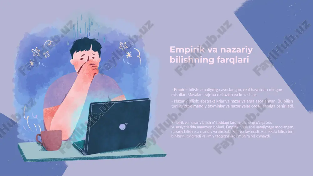 rli tadqiqot maqsadlariga muvofiq qo'llaniladi. kuzatish - tabiiy sharoitda hodisalarni o'rganish metodidir, masalan, hayvonlar xulqini kuzatish. tajriba - shartlar nazorat ostida o'zgaruvchi omillarni o'rganish uchun qo'llaniladi, masalan, o'simliklar o'sishi ustida tajriba o'tkazish. so'rovnoma - ma'lum bir guruhdan fikr va mulohazalarni to'plashda ishlatiladi, masalan, iste'molchilarni tadqiq qilishda. eksperiment - nazariyani amalda sinab ko'rish uchun, masalan, kimyoviy reaktsiyalarni o'rganishda amalga oshiriladi. empirik metodlarning afzalliklari empirik metodlarning asosiy afzalliklari quyidagilardir: 1. haqiqiy ma'lumotlarga asoslanganlik: ushbu metodlar real hayotdagi ma'lumotlarni o'rganadi va tajribalar orqali dalillarga ega bo'ladi. 2. aniq va ishonchli natijalar: tajribalar natijasida olingan natijalar aniq va ishonchli bo'ladi. 3. keng qo'llanilish imkoniyati: turli ilmiy sohalarda, jumladan, psixologiya, sotsiologiya va biologiyada keng qo'llaniladi. 4. tezkor natija olish: empirik metodlar tez natijalarni taqdim etishi va tadqiqot jarayonini tezlashtirishi mumkin. ilmiy tadqiqotlarda empirik metodlar empirik metodlar ilmiy tadqiqotlarda keng qo'llaniladi. masalan, psixologiyada talabalar orasida testlar o'tkazish orqali ularning xulq-atvorini o'rganish mumkin. biologiyada esa hayvonlar yoki …