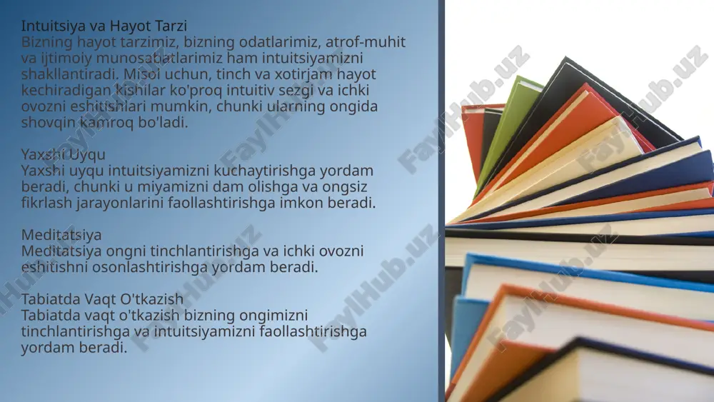 bir joyga borishga, yoki yangi mahoratni o'rganishga bo'lgan kuchli istak paydo bo'ladi 2 izlanish siz o'zingizning ichki ovozni eshitganingizdan so'ng, bu istakni qondirish uchun harakat qilasiz. siz ma'lumot to'playsiz, imkoniyatlarni izlaysiz va o'zingizni yangi narsalarga ochiq qo'yasiz. 3 amalga oshish siz o'zingizning intuitiv sezgingizga amal qilasiz va yangi ishga kirishasiz, yangi joyga ko'chib o'tasiz, yoki yangi mahoratni o'rganishni boshlaysiz. intuitsiya va muammoli vaziyatlar muammoli vaziyatlarda bizning intuitsiyamiz bizga qandaydir his, tuyg'u yoki ichki ovoz orqali to'g'ri qaror qabul qilishga yordam beradi. bu bizga xavfni sezishga, qiyin vaziyatlardan qochishga va to'g'ri yo'lni tanlashga yordam beradi. tanlov-siz qandaydir muammo bilan duch kelasiz va oldingizda ikkita yo'l ochiladi. sizning intuitsiyangiz sizga qaysi yo'lni tanlash kerakligini aytib beradi. echim-sizning intuitsiyangiz sizga muammoga qanday yondashish kerakligini, qanday qilib muammoni hal qilish kerakligini aytib beradi. e’tiboringiz uchun raxmat image2.jpg image3.jpg image4.jpg image5.png image6.jpg image7.png image8.png image1.jpg high pile of hardcover books