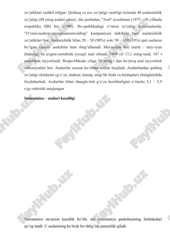 rilgan.19-asrning 2-yarmida turkistonga o‘rta rus asalarisi, kavkaz kulrang tog‘ asalarisi, ukrain dasht asalarisi va boshqa olib kelingan va o‘zbekistonda biol.si hamda foydali xo‘jalik belgilari bilan ajdodlaridan farq qiladigan asalarilar po-pulyatsiyasi vujudga keldi. oʻzbekiston respublikasida 154 ming asalari oilasi (kutisi) bor. ixtisos-lashtirilgan asalarichilik xo‘jaliklari tashkil etilgan. qishloq va suv xo‘jaligi vazirligi tizimida 48 asalarichilik xo‘jaligi (88 ming asalari oilasi), shu jumladan, "asal" uyushmasi (1975 – 96 yillarda respublika iib) bor (1998). re-spublikadagi o‘rmon xo‘jaligi korxonalarida, "o‘zmevasabzavotuzumsanoatxolding" kompaniyasi tarkibida ham asalarichilik xo‘jaliklari bor. asalarichilik bilan 20 – 50 (90%) yoki 50 – 150 (10%) quti asalarisi bo‘lgan xususiy asalchilar ham shug‘ullanadi. mavsumda ikki marta – may-iyun (bahorgi) va avgust-sentabrda (yozgi) asal olinadi. 1996 yil 17,1 ming-tasal, 187 t mumlarda tayyorlandi. respu-blikada yiliga 20 ming t dan ko‘proq asal tayyorlash imkoniyatlari bor. asalarilar asosan ko‘chma usulda boqiladi. asalarilardan qishloq xoʻjaligi ekinlarini (g‘o‘za, mahsar, kanop, urug‘lik beda va boshqalar) changlatishda foydalaniladi. asalarilar bilan changla-tish …