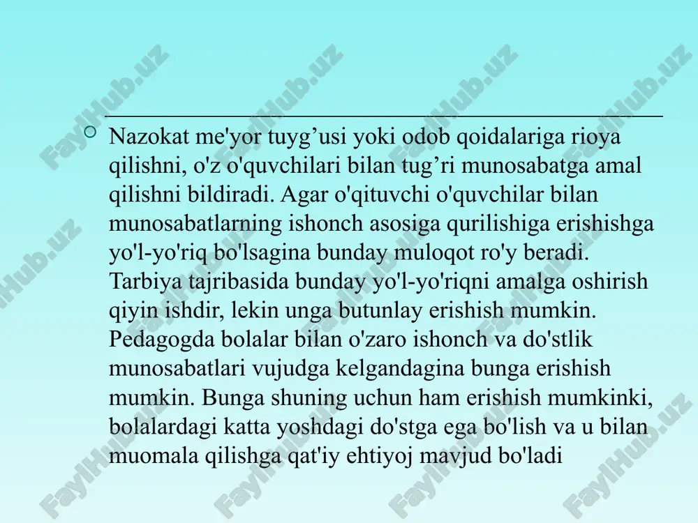 ilish -- ijobiy axloqiy fazilat bo’lib, xulqiy sifatlarini inson faoliyati yoki biror xatti – harakatiga ijobiy munosabatning yigindisini aks ettiradi. o’qituvchi odobida yaxshilik fazilatiga pedagogik faoliyat bilan bog’liq holda o’quvchilar jamoasi manfaatlarining birligi, muallim va o’quvchi maksadining birligi, ta‘lim – tarbiyaning samarasi uchun ko’rashning birligi aks etadi. yaxshilik fazilati muallimning ham, o’quvchilarning ham, ota – onalarning ham yaxshi niyatli, xayrixox, mehribon bo’lishini takozo etadi. yaxshilik qaror topishi uchun pedagogik jarayonda yomonlikka murosasiz bo’lish, yaxshi istak bilan muomalada bo’lish, yaxshi kilik, yaxshi harakatlarning birligi zarurdir. o’qituvchi burchi o’qituvchi burchi -- burchda shaxsning jamiyatga bo’lgan munosabati namoyon bo’ladi. o’z burchiga sodiklik har bir kishiga obru, shon – sharaf keltiradi. kishining o’z burchiga sodikligi jamiyatga, vatanga, mexnatga, oilaga, farzandlariga bo’lgan munosabatida bilinadi. o’qituvchi yosh avlodga ta‘lim – tarbiya berish soxasidagi o’z burchini zurlik tufayli yuklatilgan majburiyat emas, balki o’z xayotining ma‘nosi, ishonch, vijdon da‘vati deb xisoblaydi. o’qituvchi burchi aql bilan hissiyotning birligidan iborat. …