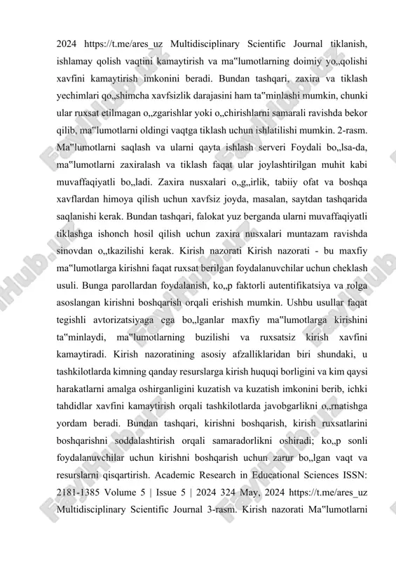 ira va tiklash yechimlari qo„shimcha xavfsizlik darajasini ham ta‟minlashi mumkin, chunki ular ruxsat etilmagan o„zgarishlar yoki o„chirishlarni samarali ravishda bekor qilib, ma‟lumotlarni oldingi vaqtga tiklash uchun ishlatilishi mumkin. 2-rasm. ma‟lumotlarni saqlash va ularni qayta ishlash serveri foydali bo„lsa-da, ma‟lumotlarni zaxiralash va tiklash faqat ular joylashtirilgan muhit kabi muvaffaqiyatli bo„ladi. zaxira nusxalari o„g„irlik, tabiiy ofat va boshqa xavflardan himoya qilish uchun xavfsiz joyda, masalan, saytdan tashqarida saqlanishi kerak. bundan tashqari, falokat yuz berganda ularni muvaffaqiyatli tiklashga ishonch hosil qilish uchun zaxira nusxalari muntazam ravishda sinovdan o„tkazilishi kerak. kirish nazorati kirish nazorati - bu maxfiy ma‟lumotlarga kirishni faqat ruxsat berilgan foydalanuvchilar uchun cheklash usuli. bunga parollardan foydalanish, ko„p faktorli autentifikatsiya va rolga asoslangan kirishni boshqarish orqali erishish mumkin. ushbu usullar faqat tegishli avtorizatsiyaga ega bo„lganlar maxfiy ma‟lumotlarga kirishini ta‟minlaydi, ma‟lumotlarning buzilishi va ruxsatsiz kirish xavfini kamaytiradi. kirish nazoratining asosiy afzalliklaridan biri shundaki, u tashkilotlarda kimning qanday resurslarga kirish huquqi borligini va kim …