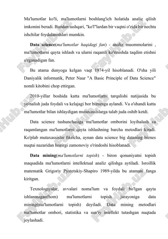 id bo'lishi mumkin. mashinali o'qitishga birinchi tarifni 1959-yilda amerikalik informatik artur samuel bergan. u sun'iy intellekt elementlariga ega bo'lgan shashka o'yini, dunyoda birinchi o'zi o'rganadigan dasturni yaratgan. deep learning(chuqur o'qitish) - yanada murakkab va yanada mustaqil bo'lgan o'zi o'qidigan dasturlar yaratadigan mashinali o'qitish turi. oddiy mashinali o'qitish hollarida boshqariladigan malaka yordamida kompyuter bilimlarni aniqlab oladi: dasturchi algoritmga ma'lum misollarni ko'rsatadi, xatolarni qo'lda to'g'rilaydi. deep learningda esa, tizim o'zi o'z funksiyalarini loyihalaydi, ko'p darajali hisob-kitoblar amalga oshiradi va atrof-muhit haqida xulosalar qiladi. odatda chuqur o'qitishni neyron tarmoqlarga tadbiq qilishadi. bu texnologiya asosan rasmlarni qayta ishlashda, nutqni tanishda, neyromashina tarjima, farmatsevtikadagi hisoblashlarda va boshqa zamonaviy texnologiyalarda qo'llaniladi. asosan google, facebook va baidu tomonidan loyihalarga tadbir qilinadi. sun'iy neyron tarmog'i - oddiy protsessorlar(sun'iy neyronlar) birlashtirilgan tizimi bo'lib, insonning nerv tizimini imitatsiya qiladi. bunday struktura evaziga, neyron tarmoqlari dasturlanmaydi, ular o'qitishadi. huddi haqiqiy neyronlar kabi, protsessorlar signallarni oddiygina qabul qilishadi va boshqa protsessorlarga o'zatishadi. …