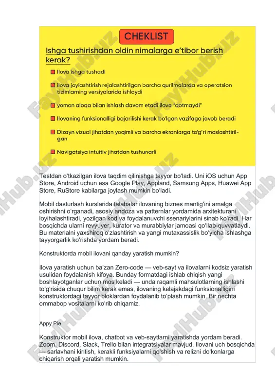 n vidjetlar mavjud. ilova strukturasini tanlash, sahifalar qoʻshish va olib tashlash, rang va matnlarni, fon rasmlari hamda logotipni oʻzgartirish mumkin. vidjetlar: fikr-mulohazalar shakllari, xaritalar, ijtimoiy tarmoqlarga havolalar, qoʻllab-quvvatlash chati va kalkulyator. foydalanuvchilarga push xabarnomalarni bevosita shaxsiy kabinetdan yuborish mumkin. yigʻilgan konstruktorni google play va apple storeʼga joylashtirish yoki havola, qr-kod orqali ochish imkonini berish mumkin. afzalliklari: konstruktor toʻliq rus tilida. turli xil biznes turi — chakana savdo, bank, tibbiyot muassasalari uchun tayyor yechimlar mavjud. narxi: har bir foydalanuvchi uchun oyiga 5 dollardan boshlab, bepul sinov muddati mavjud. appsheet konstruktor yangi boshlayotgan dasturchilarga to do varaqlar yoki taqvimlar kabi oddiylardan tortib murakkab lid va erp tizimlarni kuzatish ilovalari kabi har qanday dasturlarni yaratishda yordam beradi. har qanday andozani oʻz loyihangizga moslab tahrirlash mumkin. appsheetʼda kodsiz ilovalar yaratishning toʻrtta usuli mavjud: · excel, google sheets, sql kabi maʼlumotlar manbalarini ulash; · ilova andozasini nusxalash; · google tabs, google forms yoki excel uchun …