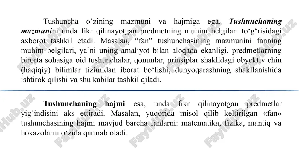 atidagi tushunchalarning hajmi qisman umumiylikka ega. masalan: a – sportchi, b – talaba. a v b a b doiralarning shtrixlangan qismi bir vaqtning o‘zida ham sportchi, ham talaba bo‘lganlarni bildiradi. bo‘ysunish munosabatida tushunchalardan birining hajmi ikkinchisining hajmiga to‘liq kirib, uni tashkil qiluvchi qism hisoblanadi. masalan: a – fan, b – mantiq. a b sig‘ishmaydigan tushunchalar hajmi jihatidan umumiylikka ega bo‘lmagan tushunchalar hisoblanib, bir sinfga kiruvchi har xil predmetlarni yoki predmetlar guruhini aks ettiradi. ularning umumiyligi faqat ana shunda. bu tushunchalar o‘rtasida ham uch xil munosabat bor: birga bo‘ysunish, qarama-qarshilik, zidlik. birga bo‘ysunish munosabati quyidagi tushunchalar o‘rtasida mavjud: a – fan, b – mantiq, c – fizika. a b c bunda “mantiq” va “fizika” tushunchalari hajmi jihatidan birgalikda “fan” tushunchasining hajmiga bo‘ysunadi. qarama-qarshilik munosabatidagi tushunchalarning hajmi bir-birini istisno qiladi. ular predmetning (predmetlar guruhining) qarama-qarshi belgilarini aks ettiradi, ya’ni biri predmetning ma’lum bir belgisini ifoda qilsa, ikkinchisi uni inkor qiluvchi boshqa belgini …