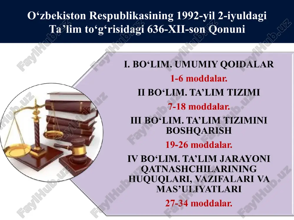 elgilandi; mahalliy davlat hokimiyati organlarining ta’lim sifati va darajasiga, shuningdek, pedagog xodimlarning kasb faoliyatiga bo’lgan davlat talablariga rioya etilishiga doir vakolatlari bekor qilindi; ta’lim tashkilotlarida siyosiy partiyalarning tashkiliy tuzilmalarini tashkil etish taqiqlandi; chet davlatlari va o’zbekiston oliy ta’lim tashkilotlari o’rtasida tuzilgan shartnoma asosida ularning bitiruvchilariga ikki tomonlama diplom berilishi mumkinligi belgilandi. ijod maktablari respublikaning 9 ta hududida bosqichma-bosqich tashkil etilgan bo‘lib, ular: nukus shahrida ibroyim yusupov nomidagi xorijiy tillarni o‘qitishga ixtisoslashtirilgan ijod maktabi; qarshi shahrida abdulla oripov nomidagi ona tili va adabiyot fanini chuqurlashtirib o‘qitishga ixtisoslashtirilgan ijod maktabi; jizzax shahrida hamid olimjon va zulfiya nomidagi ona tili va adabiyot fanini chuqurlashtirib o‘qitishga ixtisoslashtirilgan ijod maktabi; andijon shahrida muhammad yusuf nomidagi ona tili va adabiyot fanini chuqurlashtirib o‘qitishga ixtisoslashtirilgan ijod maktabi; to‘raqo‘rg‘on tumanida is’hoqxon ibrat nomidagi xorijiy tillarni o‘qitishga ixtisoslashtirilgan ijod maktabi; marg‘ilon shahrida erkin vohidov nomidagi xorijiy tillar hamda ona tili va adabiyot fanini o‘qitishga ixtisoslashtirilgan ijod maktabi; toshkent shahrida …