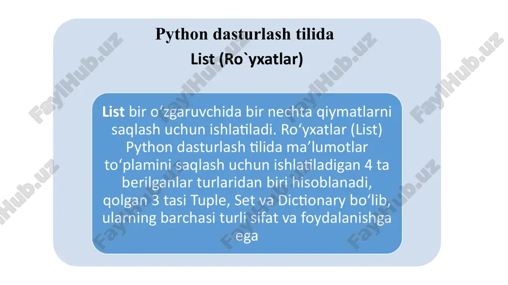 i. python dasturlash tilida list (ro`yxatlar) siz list to‘plami elementlarini for siklidan foydalanib ekranga chop etishingiz mumkin: python dasturlash tilida list (ro`yxatlar) list to‘plami elementlarini chop etishni yana bir yo‘li listni indeks raqamiga murojaat qilib, list elementlarini chop etish mumkin. tegishli iteratsiyani yaratish uchun range() va len() funksiyalaridan foydalanish mumkin python dasturlash tilida list (ro`yxatlar) list to‘plami elementlarini alfanumerik tartibda tartiblash uchun sort() funksiyasidan foydalaniladi. quyidagi misollarda ko‘rishingiz mumkin: python dasturlash tilida list (ro`yxatlar) list to‘plami elementlarini tartiblash uchun teskari reverse= true kalit so‘zidan foydalaniladi: python dasturlash tilida list (ro`yxatlar) reverse() funksiyasidan foydalanib ham elementlarning teskari tartiblash mumkin. python dasturlash tilida list (ro`yxatlar) list to‘plamidan nusxa olish uchun python dasturlash tilida funksiyalar mavjud, ulardan biri copy() funksiyasi hisoblanadi. quyidagi misolda meva1 to‘plamidan meva2 to‘plamiga nusxa ko‘chirilganini ko‘rish mumkin: python dasturlash tilida list (ro`yxatlar) list to‘plamida nusxa olishning yana bir usuli bu list() funksiyasidan foydalanishdir. python dasturlash tilida list (ro`yxatlar) python …