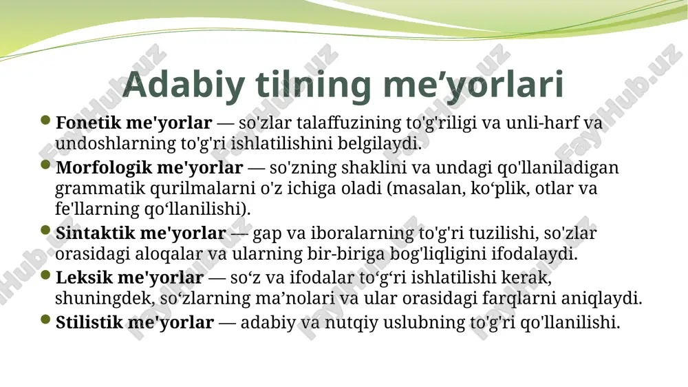 tarmoqlar, elektron kitoblar) keng foydalanishga imkon beradi. o‘zbek tilini sun’iy intellekt va tarjima dasturlari uchun qulay qiladi. yangi alifbo va imlo me’yorlariga mos darsliklar, lug‘atlar va interaktiv o‘quv materiallari taqdim etilmoqda. imlo va adabiy me’yorlar o‘quvchilarning yozma va og‘zaki nutq ko‘nikmalarini rivojlantirishga yordam beradi. xulosa yangi alifbo va imlo me'yorlari o‘zbek tilining rivojlanishida muhim qadamdir. u tilni zamonaviy texnologiyalarga moslashtiradi, xalqaro maydonda uni tanitadi va milliy o‘zlikni saqlashga xizmat qiladi. shu bilan birga, adabiy til me'yorlari nutq va yozuvda aniqlik, go‘zallik va mantiqiylikni ta'minlaydi. ularning to‘g‘ri ishlatilishi har bir o‘zbekistonlik uchun til madaniyatining ajralmas qismi bo‘lishi kerak. foydalanilgan adabiyotla o‘zbek tili grammatikasi. i. g‘. g‘ulomov, n. z. mahmudov va boshqalar. toshkent, o‘zbekiston milliy ensiklopediyasi, 2003. o‘zbek adabiy tili tarixi. n. mahmudov, toshkent, 2014. o‘zbek tilining izohli lug‘ati (5 jildlik). toshkent: o‘zbekiston milliy ensiklopediyasi nashriyoti, 2006–2008. o‘zbekiston respublikasining "lotin yozuviga asoslangan o‘zbek alifbosini joriy etish to‘g‘risida"gi qonuni, 1993-yil 2-sentyabr. "davlat tili …