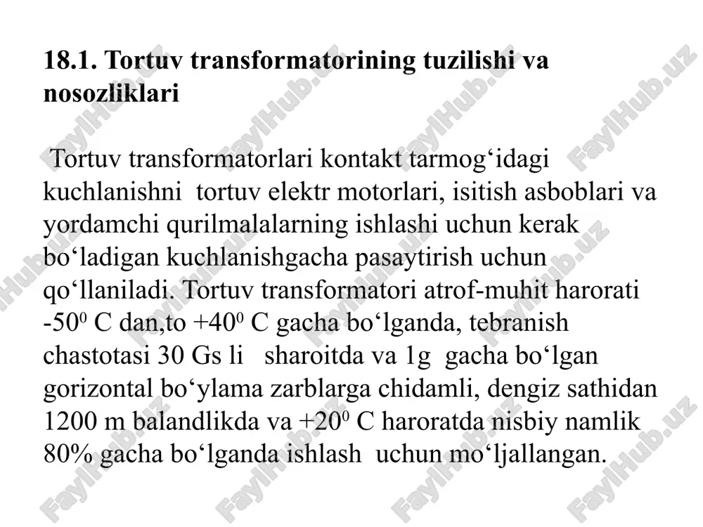 nallari orqali chulg‘amning moyli kanallariga yuboriladi. doimiy aylanib turuvchi moy bakdagi kerakli haroratni ta’minlaydi, sovitgichning kirish qismidagi harorati 90 0c dan oshmasligi kerak. moy harorati signal beruvchi manometrik termometr orqali nazorat qilinadi. moyning sachrab chiqishining oldini olish maqsadida qopqog‘idan uncha katta bo‘lmagan masofada maxsus tinchlantirgich – teshikli metall list o‘rnatiladi. moy sathi bakka o‘rnatilgan moy ko‘rsatgich yordamida nazorat qilinadi. moy namlanishining oldini olish maqsadida transformator qopqog‘idagi tuynuk maxsus havo quritgich orqali atmosferaga ulanadi. 10 havo quritgich silikagel to‘ldirilgan silindr shaklida bo‘lib, havo-quritgich havoni so‘rish vaqtida havo namlanishi va ifloslanishining oldini olish maqsadida pastki qismiga nazorat shishali ustanok o‘rnatilgan. havo-qutitgich kalsiy hlor bilan shimdirilgan kcm markali silikagel bilan to‘ldirilgan. stakandagi indikatorli silikagel qo‘shimcha hlorli kobalt eritmasi bilan qo‘shimcha shimdirilgan bo‘lib, havorang tusda. namlanganda esa qizg‘ish rangga kiradi. silikagelning xolati stakandagi nazorat shishachasi orqali amalga oshiriladi. havo- quritgich flanetsli tiqin orqali transformator bakiga ulangan. tiqin bilan berkitilgan tirqish orqali moy to‘sqichga quyiladi. …