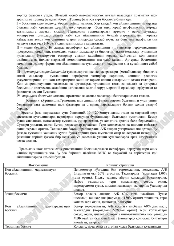 tiruvchi nuksonli xalkani yuzaga keltiradi va endi shokning sababidan kat'iy nazar (sababi bartaraf etilsa xam) patofiziologik lar «uz uzini kuchaytirish» printsipida chukurlashaveradi. agar uz vaktida adekvat chora tadbirlar natijasida bu nuksoli xalka bartaraf etilmasa albatta ulimga olib keladi. shokning sababidan kat'iy nazar intensiv terapiyasi bir xil yunalishdan iborat, fakat ayrim uziga xos xususiyatlarga ega. shok xolatlarini patofiziologik uzgarishlar nuktai nazaridan ikki guruxga bulish maksadga muvofik. bu esa infuzion terapiya xajmi va tarkibiy kismini belgilashda katta erdam beradi. 1. yurak zarb xajmi kamayishi bilan kechadigan umumiy periferik tukimalar perfuziyasi lari. 2. normal eki yurak zarb xajmi ortishi bilan kechadigan umumiy periferik perfuziya lari. ularni esa fakat gipovolemiyani bartaraf etib, adekvat prednagruzka ta'minlanganda farklash mumkin. shunday kilib, shokning intensiv terapiyasi reflektor impulsatsiyasini kamaytirishga, aylanaetgan kon xajmini tiklashga, mikrotsirkulyatsiyani yaxshilashga, arterial bosimni tiklash va normallashuviga, gazlar almashinuvini mu'tadillashtirishga, atsidoz va metobolik buzilashlarni bartaraf etishga karatilishi kerak. travmatik shok. ogir mexanik jaroxat natijasida jaroxatlovchi …