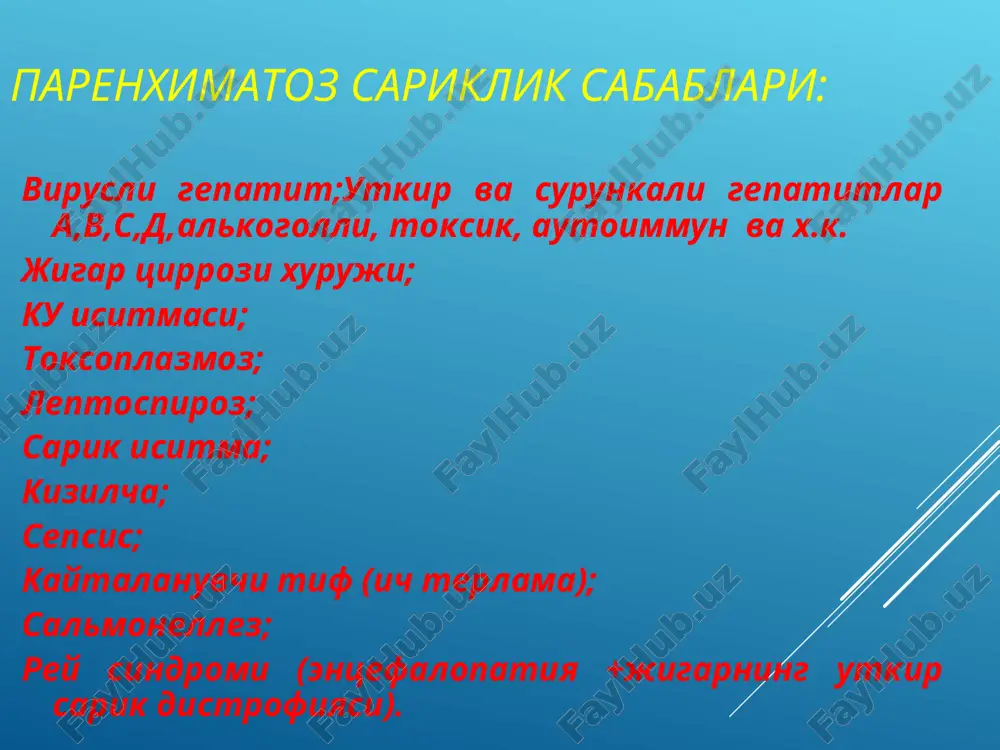 okishini ta'minlash endoskopik retrograd aralashuvlar teri-jigar orkali endobiliar aralashuvlar ochik operatsiyalar seldinger buyicha tjox ut yullarin naychalash turlari - tashki - tashki -ichki - ichki mexanik sariklikni davolashdagi ochik operatsiyalar xoledox oxirgi kismining torayishi kuzatilganda kullaniladigan operatsiyalar 1) ichki transduodenal xoledoxoduodenostomiya. 2)transduodenal sfinkterotomiya va sfink-teroplastika 3)yurash, finsterer, flerken buyicha xoledoxoduodenostomiya 4) pankreatoduodenal kesish xoledoxoduodenostomiya yurash buyicha flerken buyicha finsterer buyicha xoledox sikilishlarida kullaniladigan operatsiyalar xoledoxni geyneke-mikulich buyicha plastika kilish «oxirga-oxir» ulash bilan kilinadigan kesish ut yullarini naychalash usullari xoledoxni vishnevskiy usulida naychalash xoledoxni kerte usulida naychalash xoledoxni ker usulida naychalash xoledoxni xolsted usulida naychalash