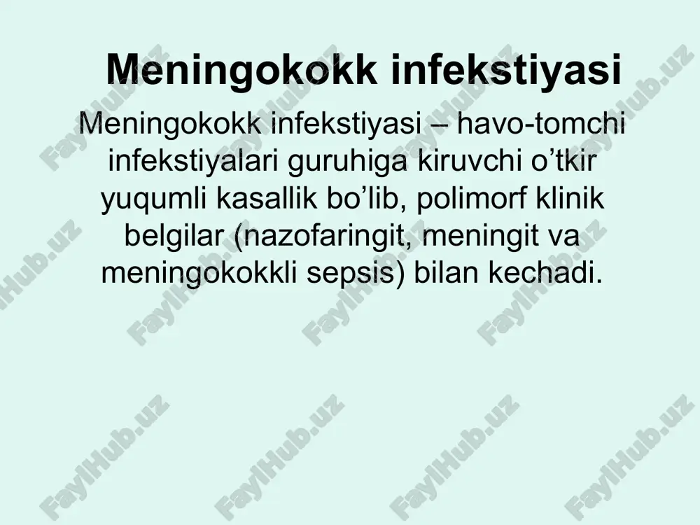 a giperleykostitoz, tayoqcha yadrolilar tomonga siljish, eozinofiliya, echt 45-70 mm/soatgacha oshishi kuzatiladi. meningeal belgilar meningeal belgilar (bolalar uchun) brudzinskiy simptomi va ensa mushaklari taranglashuvi meningitda bemor holati – (o’qlangan miltiq holati) kernig belgisi ijobiy kernig simptomi – oyoqlarni toz-son bo'g'imi sohasida bukilganda oyoqni tizza bo'g'imi sohasida yozilmasligi. * meningokokk infekstiyasini tashxisot asoslari burun-halqumdan, likvordan, qondan qo’zg’atuvchini bakteriologik yo’l bilan ajratilishi. orqa miya punkstiyasi: suyuqlik oqim yoki yirik tomchilar bilan oqadi meningitlarda orqa miya suyuqligi xususiyati: loyqa, yopishqoqligini yuqoriligi, yuqori neytrofilli stitoz, pandi, nonne-apelta reakstiyalarini musbatligi. umumiy qon tahlili – chapga siljigan giperleykostitoz, eozinofiliya, echt yuqoriligi serologik usul - ifa 1.orqa miya punkstiyasi vaqtida bemor xolati. 2. orqa miya suyuqligi. 3. meningokokkli meningitda “yiringli qalpoq”. meningokokk infekstiyasini davolash asoslari barcha mi bemorlari yoki gumon qilinganlar tezda kasalxonaga yotkizish. og’ir shakllarini davolash ridb (orit) olib borilishi shart. generalizastiyalashgan shakllari – penistillinning natriyli tuzlari katta dozalarda (200-400 ming/kg vazn sutka) xar 4 soat …