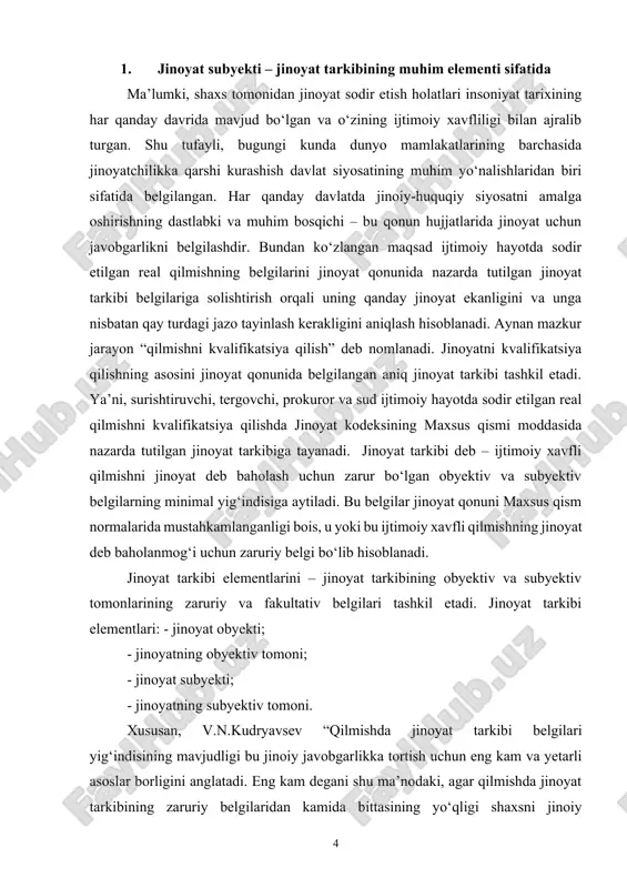 mal va yetarli yig‘indisidir” deb yozadi [6]. o‘zbekiston respublikasining jinoyat kodeksi 16-moddasining 2-qismida jinoiy javobgarlikning asosi jinoyat tarkibi ekanligi belgilangan. unga ko‘ra, “jinoyat kodeksida nazarda tutilgan jinoyat tarkibining barcha alomatlari mavjud bo‘lgan qilmishni sodir etish javobgarlikka tortish uchun asos bo‘ladi” [2]. mazkur norma mazmunidan kelib chiqqan holda, sud tergov organlari muayyan qilmishni jinoyat deb topish va uni jk maxsus qismining biror moddasi bilan kvalifikatsiya qilishda jinoyat tarkibini aniqlashga e’tibor qaratadilar. endi jinoyat tarkibining muhim elementlaridan bo‘lgan jinoyat subyektiga e’tibor qaratadigan bo‘lsak, jinoyatning subyekti - jinoyat kodeksi bilan taqiqlangan ijtimoiy xavfli qilmishni sodir qilgan va qonunga muvofiq ravishda jinoiy javobgarlikka tortilishi mumkin bo‘lgan yoshdagi jismoniy shaxsdir. o‘zbekiston respublikasi jinoyat kodeksining 17-moddasiga ko‘ra, jinoyat sodir etgunga qadar jinoyat qonunida belgilangan yoshga to‘lgan (jkning 17moddasi), aqli raso (jk 18-moddasi, jk 181-moddasi), jismoniy shaxslar jinoyatning subyekti bo‘la oladi. jinoyatlarni kvalifikatsiya qilish jarayonida jinoyat subyektini aniqlash bilan shartlangan kvalifikatsiya qilish qoidalari jinoyat subyektining quyidagi asosiy …