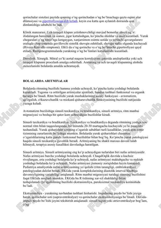 ilgan (bakulev va damir bo’yicha). aortal klapan yetishmovchiligi orttirilgan yurak nuqsonlari ichida mitral yetishmovchilikdan keyin ikkinchi orinni egallaydi. gemodinamika buzilishi qonning diastola paytida aortadan chap qorinchaga qayta tushishi bilan bog’liq. chap qorincha zoriqishi uning dilatasiya va gipertrofiyasiga olib keladi. chap qorinchaning ancha kattalashganligida mitral klapanning nisbiy yetishmovchiligi paydo bo’ladi (aorta nuqsonining "mitralizasiyasi") va keyinchalik chap bo’lmacha dilatasiyasi va o’pkada dimlanish qodisalari rivjlanadi. aortal klapanning izolyasiyalangan yetishmovchiigida katta qon aylanish doirasida qon aylanish buzilishi kam uchraydi. klinik manzarasi. aortal yetishmovchilik bjshlang’ich bosqichining bittagina simptomi protodiastolik shovqin hisoblanadi, u chapda ikkinchi-uchinchi qovurgalararo oralig’ida eshitiladi. shikoyatlar paydo bo’lishiga gemodinamikaning ancha ifodalangan o’zgarishlari yuzaga kelganidan dalolat beradi. ulardan eng erta va oziga xosligi tez charchash, hansirash, bosh aylanishi, yurak sohasidagi og’riqlardir. kozdan kechirganda teri qoplamlarining rangparligi, uyqu arteriyalarining kuchaygan pulsasiyasi ("karotid" oyini), cho’qqi turtkisining kuchayishi aniqlanadi. yurakning perkutor chegaralari chapga siljigan. aortal klapan yetishmovchiligi progressirlanishi bilan birga diastolik shovqin intensivligi va davomiyligi kuchayadi, lekin …