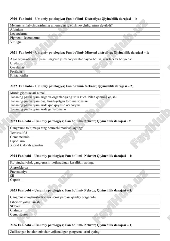 i- nekroz; qiyinchilik darajasi – 2; infarkt nima? tomirli nekroz toksik nekroz allergik nekroz trofonevrotik №29 fan bobi – umumiy patologiya; fan bo’limi- nekroz; qiyinchilik darajasi – 1; ko’pincha ichakda rivojlanadigan nekroz turini ayting: nam gangrena quruq gangrena noma sekvestr №30 fan bobi – umumiy patologiya; fan bo’limi- nekroz; qiyinchilik darajasi – 1; sekvestrning tipik joylashishini ko’rsating: suyaklar miokard o’pka bosh miya №31 fan bobi – umumiy patologiya; fan bo’limi- nekroz; qiyinchilik darajasi – 2; miokarddagi nekrozning erta belgilarini aniqlaydigan gisto kimyoviy reaksiya nimaga asoslangan: kardiomiositlardan glikogenning erta yo’qolishiga lipidlar yo’qolishiga yog’li kiritmalarning paydo bo’lishi oqsilning yo’qolishi №32 fan bobi – umumiy patologiya; fan bo’limi- nekroz; qiyinchilik darajasi – 2; buyrak naychalari epiteliysi nekrozining klinik kechishini ayting: anuriya (o’tkir buyrak etishmovchiligi) surunkali buyrak etishmovchiligi gematuriya proteinuriya №33 fan bobi – umumiy patologiya; fan bo’limi- nekroz; qiyinchilik darajasi – 2; organlarda infarkt shaklini nima aniqlaydi? angioarxitektonika organning shakli tromboembolning o’lchami organning …