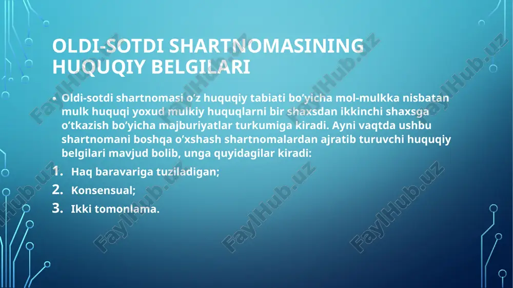 inchidanshartnomalardan va shartnomalardan tashqari majburiyatlardan kelib chiquvchi talab qilish huquqi natural (asl holicha) bolishi kerak (binobarin pul boyicha tolovni undirish huquqidan boshqa shaxs foydasiga voz kechish oldi-sotdi bolib hisoblanmaydi). 418-modda. tovarning bahosi sotib oluvchi tovar haqini ushbu kodeksning 356-moddasiga muvofiq belgilanadigan bahoda to‘lashi, shuningdek qonunchilik, oldi-sotdi shartnomasi yoki odatda qo‘yiladigan talablarga muvofiq to‘lovni amalga oshirish uchun zarur bo‘lgan harakatlarni o‘z hisobidan bajarishi lozim. tovarning bahosi uning og‘irligiga qarab belgilanadigan bo‘lsa, agar oldi-sotdi shartnomasida boshqacha tartib nazarda tutilgan bo‘lmasa, u sof og‘irligi bo‘yicha aniqlanadi. agar oldi-sotdi shartnomasida tovarning bahosi uni belgilaydigan ko‘rsatkichlar (tannarx, xarajatlar va hokazo)ga qarab o‘zgartirilishi lozimligi nazarda tutilgan bo‘lsa, ammo shu bilan birga, bahoni qayta ko‘rib chiqish usuli belgilangan bo‘lmasa, baho ushbu ko‘rsatkichlarning shartnoma tuzilgan paytdagi va tovarni topshirish paytidagi o‘zaro nisbatidan kelib chiqqan holda belgilanadi. sotuvchi tovarni topshirish majburiyatini bajarishni kechiktirib yuborganida baho ushbu ko‘rsatkichlarning shartnoma tuzilgan paytdagi va shartnomada nazarda tutilgan tovar topshiriladigan paytdagi, agar shartnomada …