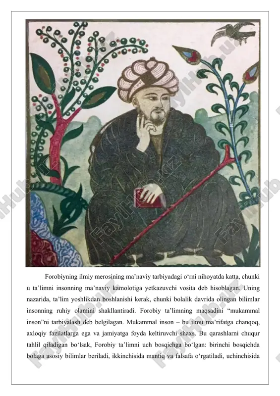 siy masalalar muhokama qilinadi. bu bosqichlar yoshlarning ma’naviy rivojlanishini ta’minlaydi, chunki ular nafaqat bilim, balki fazilatlar ham o‘zlashtiradilar.dalil sifatida forobiyning “fozil shahar” asarini keltirish mumkin. unda u jamiyatni “fozil shahar” (ideal shahar) sifatida tasvirlaydi, bu yerda barcha fuqarolar ma’naviy jihatdan yuksak bo‘lib, adolat va hamjihatlik hukm suradi. yoshlar bu shaharda ta’lim orqali ma’naviy qadriyatlarni o‘rganadilar. masalan, forobiy musiqa nazariyasini ma’naviy tarbiya vositasi deb hisoblagan. uning “musiqa kitobi”da musiqa inson ruhini tinchlantirishi va axloqiy fazilatlarni kuchaytirishi ta’kidlanadi. amaliy misol sifatida, zamonaviy ta’limda forobiyning qarashlarini qo‘llash mumkin: maktablarda musiqa darslari orqali yoshlarga sabr-toqat va hamkorlikni o‘rgatish. masalan, bir guruh bolalar orkestrda birgalikda cholg‘u chalish orqali jamoaviy ruhni his qiladilar, bu esa ularning ma’naviy olamini boyitadi.forobiyning falsafiy qarashlari yoshlarning dunyoqarashini shakllantirishda ham muhim. u mantiqni ta’limning asosi deb hisoblagan, chunki mantiqiy fikrlash yoshlarga haqiqatni yolg‘ondan ajratishga yordam beradi. bu qarashlarning chuqur tahlili shuni ko‘rsatadiki, forobiy ta’limni nafaqat bilim berish, balki insonni ma’naviy jihatdan …