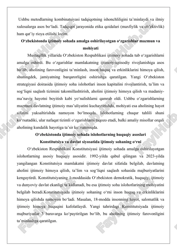 ekiston respublikasi konstitutsiyasi ijtimoiy sohada amalga oshirilayotgan islohotlarning asosiy huquqiy asosidir. 1992-yilda qabul qilingan va 2023-yilda yangilangan konstitutsiya mamlakatni ijtimoiy davlat sifatida belgilab, davlatning aholini ijtimoiy himoya qilish, ta’lim va sog‘liqni saqlash sohasida majburiyatlarini kengaytirdi. konstitutsiyaning 1-moddasida o‘zbekiston demokratik, huquqiy, ijtimoiy va dunyoviy davlat ekanligi ta’kidlanadi, bu esa ijtimoiy soha islohotlarining mohiyatini belgilab beradi.konstitutsiyada ijtimoiy sohaning o‘rni inson huquq va erkinliklarini himoya qilishda namoyon bo‘ladi. masalan, 18-modda insonning hayot, salomatlik va ijtimoiy himoya huquqini kafolatlaydi. yangi tahrirdagi konstitutsiyada ijtimoiy majburiyatlar 3 baravarga ko‘paytirilgan bo‘lib, bu aholining ijtimoiy farovonligini ta’minlashga qaratilgan. davlat siyosatida ijtimoiy soha ustuvor yo‘nalish bo‘lib, bu “inson qadri – davlat qadri” tamoyilida aks etadi. konstitutsiyaviy islohotlar natijasida gender tengligi, bolalar huquqlari va nogironlar himoyasi kabi masalalar kuchaytirildi. chuqur tahlil shuni ko‘rsatadiki, konstitutsiya ijtimoiy soha islohotlarini davlat siyosatining markaziga qo‘ygan. masalan, 58-modda erkak va ayollarning tengligini ta’minlaydi, bu ijtimoiy sohada gender siyosatini rivojlantirishga asos bo‘ldi. amaliy misol sifatida, konstitutsiyaga …