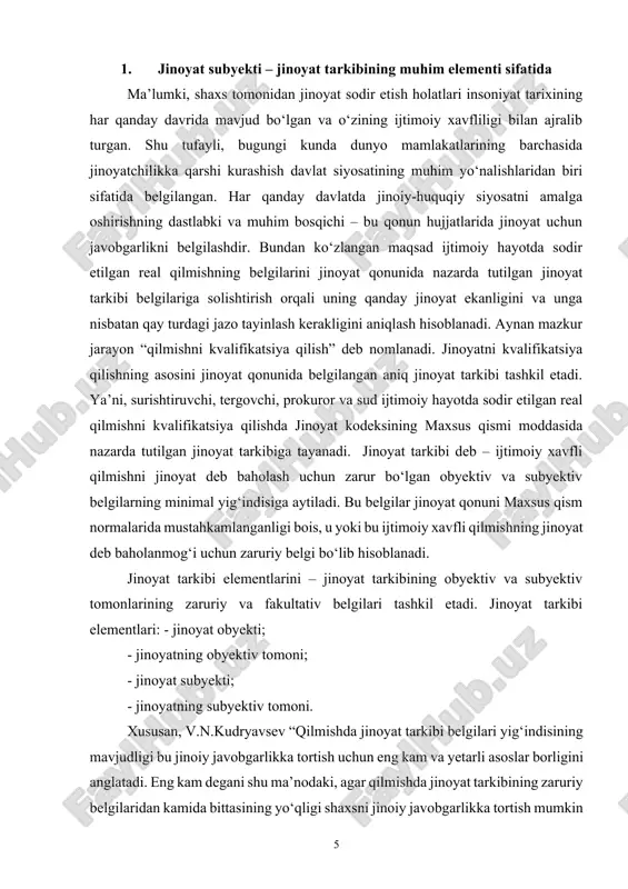 ir” deb yozadi [6]. o‘zbekiston respublikasining jinoyat kodeksi 16-moddasining 2-qismida jinoiy javobgarlikning asosi jinoyat tarkibi ekanligi belgilangan. unga ko‘ra, “jinoyat kodeksida nazarda tutilgan jinoyat tarkibining barcha alomatlari mavjud bo‘lgan qilmishni sodir etish javobgarlikka tortish uchun asos bo‘ladi” [2]. mazkur norma mazmunidan kelib chiqqan holda, sud tergov organlari muayyan qilmishni jinoyat deb topish va uni jk maxsus qismining biror moddasi bilan kvalifikatsiya qilishda jinoyat tarkibini aniqlashga e’tibor qaratadilar. endi jinoyat tarkibining muhim elementlaridan bo‘lgan jinoyat subyektiga e’tibor qaratadigan bo‘lsak, jinoyatning subyekti - jinoyat kodeksi bilan taqiqlangan ijtimoiy xavfli qilmishni sodir qilgan va qonunga muvofiq ravishda jinoiy javobgarlikka tortilishi mumkin bo‘lgan yoshdagi jismoniy shaxsdir. o‘zbekiston respublikasi jinoyat kodeksining 17-moddasiga ko‘ra, jinoyat sodir etgunga qadar jinoyat qonunida belgilangan yoshga to‘lgan (jkning 17moddasi), aqli raso (jk 18-moddasi, jk 181-moddasi), jismoniy shaxslar jinoyatning subyekti bo‘la oladi. jinoyatlarni kvalifikatsiya qilish jarayonida jinoyat subyektini aniqlash bilan shartlangan kvalifikatsiya qilish qoidalari jinoyat subyektining quyidagi asosiy belgilarini to‘g‘ri belgilash …