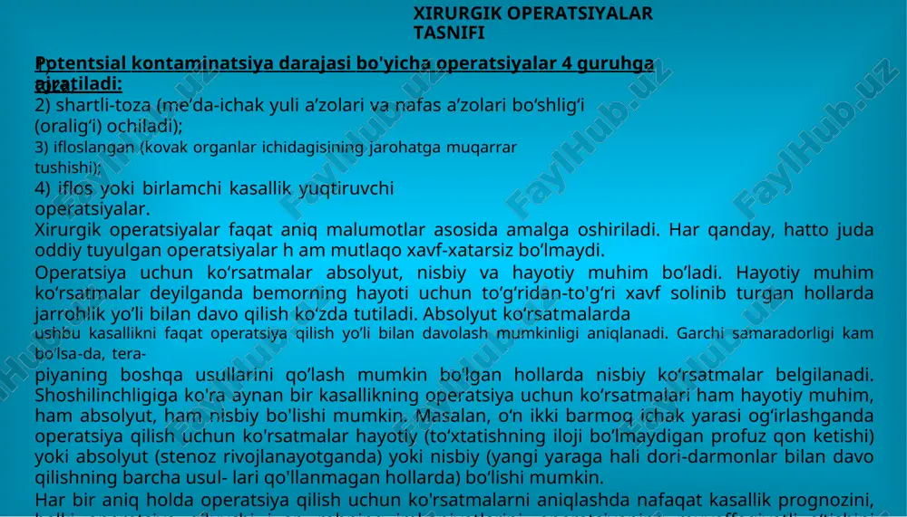 katta kolamdagi infiltrat mavjud bolsa, birinchi bosqichda umumiy peritonit paydo bo’lmasligi uchun qorinni ochib, periappendikulyar abssess drenaj qilinadi, ap- pendektomiya esa bir necha oy o’tgach, yalliglanish jarayoni to'xtagandan so‘ng amalga oshiriladi. o‘sma ko‘richak yo’lini to ‘sib qo‘yganda ham xuddi shu yo‘sinda ish tutiladi: birinchi bosqichda ichak yoii ochiladi, ikkinchi bosqichda esa o‘smaning o‘zi olib tashlanadi. teri plastikasini amalga oshirayotganda filatov tajribasi bo‘yicha ko'chib yuruvchi poyaning vujudga keltirilishi, shuningdek , qizilo'ngachning ingichka ichak bilan ko‘krak oldi plastikasi yoki keng ko’lamdagi gemangiomalarni bosqichma-bosqich olib tash- lash ko‘p bosqichli operatsiyalarga misol bo’la oladi. xirurgik operatsiyalar tasnifi potentsial kontaminatsiya darajasi bo'yicha operatsiyalar 4 guruhga ajratiladi: 1) toza; 2) shartli-toza (me’da-ichak yuli a’zolari va nafas a’zolari bo‘shlig‘i (oralig‘i) ochiladi); 3) ifloslangan (kovak organlar ichidagisining jarohatga muqarrar tushishi); 4) iflos yoki birlamchi kasallik yuqtiruvchi operatsiyalar. xirurgik operatsiyalar faqat aniq malumotlar asosida amalga oshiriladi. har qanday, hatto juda oddiy tuyulgan operatsiyalar h am mutlaqo xavf-xatarsiz bo’lmaydi. operatsiya …