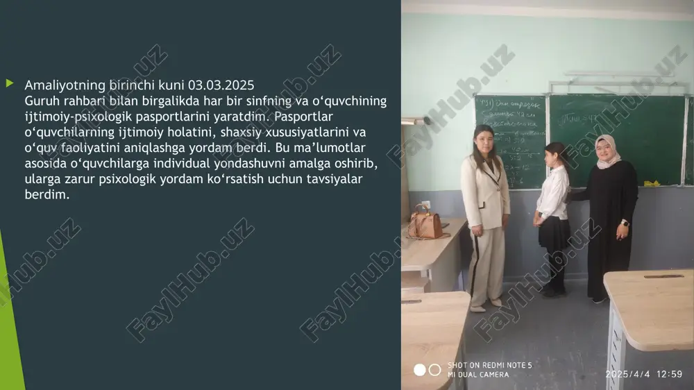 a o‘quvchilar kasb tanlashdagi qarorlarni qabul qilish, kasbning jamiyatdagi o‘rni va talablarni o‘rganish bo‘yicha amaliy mashqlarni bajarishdi. trening o‘quvchilarga kasb tanlashda o‘z qarorlarini ongli ravishda qabul qilishga yordam berdi, shuningdek, ularning kasbga bo‘lgan motivatsiyasi va qiziqishi oshdi.. amaliyotning o’ninchi kuni 14.03.2025 zo‘ravonlik va kamsitishlarsiz sog‘lom shaxslararo munosabatlarni rivojlantirish bo‘yicha suhbatlar o‘tkazdim. ushbu suhbatlarda o‘quvchilarga bir-biriga mehribon bo‘lish, hurmat ko‘rsatish va empatiya ko‘nikmalarini rivojlantirish haqida ma'lumotlar berdim. "mehribon bo‘lishni o‘rganish" mavzusida o‘quvchilarni o‘zaro hurmat, samimiyat va muomala madaniyati haqida fikrlashga undadim.shuningdek, empatiya darajasini aniqlash uchun testlar o‘tkazib, o‘quvchilarning boshqalarning his-tuyg‘ularini tushunish va ularga mos ravishda munosabatda bo‘lish ko‘nikmalarini baholadim. natijalar asosida o‘quvchilarga empatiya darajasini oshirish va sog‘lom, ijobiy munosabatlar o‘rnatish bo‘yicha tavsiyalar berdim. bu jarayon o‘quvchilarning ijtimoiy ko‘nikmalarini yaxshilashga va sog‘lom shaxslararo munosabatlarni rivojlantirishga yordam berdi. amaliyotning o’n birinchi kuni 15.03.2025 “kasb ustalari” mavzusida trening mashg‘ulotini o‘tkazdim. ushbu mashg‘ulotda o‘quvchilarga turli kasb ustalarining ish faoliyatlari, ularning kasbiy mahorati va jamiyatdagi o‘rni …