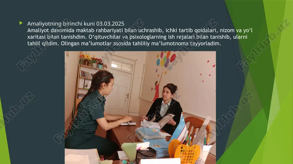 on tadbirlarni o‘tkazdim. ushbu jarayonda individual suhbatlar, psixokorreksion mashg‘ulotlar va muammolarni bartaraf etishga yo‘naltirilgan metodik yondashuvlar qo‘llanildi. o‘quvchilarning ruhiy holatini barqarorlashtirish va ijtimoiy moslashuvini yaxshilash maqsadida psixologik mashqlar ham olib borildi. amaliyotning o’n to’rinchi kuni 19.03.2025 7-8-sinf o‘quvchilari bilan proektiv metodikalar o‘tkazildi. “mening kelajakdagi kasbim” mavzusida trening mashg‘uloti tashkil etilib, o‘quvchilarning kasbiy moyilliklari va qiziqishlari aniqlashga harakat qilindi. mashg‘ulot davomida kasb tanlashning ahamiyati, shaxsiy qobiliyat va qiziqishlar muhimligi tushuntirildi. o‘quvchilarning o‘z kelajak kasblariga bo‘lgan qarashlari baholanib, ularga yo‘naltiruvchi tavsiyalar berildi. amaliyotning o’n beshinchi kuni 20.03.2025 zo‘ravonlik va kamsitishlarsiz sog‘lom shaxslararo munosabatlarni rivojlantirish bo‘yicha suhbatlar o‘tkazildi. “mehribon bo‘lishni o‘rganing” mavzusida trening mashg‘uloti tashkil etilib, o‘quvchilarga empatiya, hurmat va mehr-muhabbat tushunchalari tushuntirildi. mashg‘ulot davomida interaktiv mashqlar va rolli o‘yinlar orqali ishtirokchilarga boshqalar his-tuyg‘ularini tushunish va zo‘ravonlikning oldini olish bo‘yicha tavsiyalar berildi. xulosa: o‘tkazilgan tadbirlar va diagnostik testlar natijasida o‘quvchilarning psixologik holati, kasbiy qiziqishlari va shaxsiy rivojlanish ehtiyojlari tahlil qilindi. motivatsiya, kommunikativ qobiliyatlar …