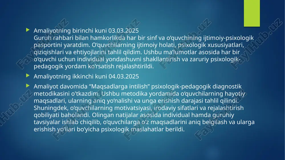 sb-hunarga tayyorgarlik markazlari haqida tavsiyalar berdim. o‘quvchilarni qiziqishlari va qobiliyatlariga qarab yo‘naltirish maqsadida suhbatlar o‘tkazdim. shuningdek, ishlab chiqarish sohasidagi dolzarb kasblar asosida “kasbiy bilim va maslahat oyligi”ni tashkil etdim. ushbu tadbir davomida turli mutaxassislar bilan uchrashuvlar, kasbiy orientatsiya mashg‘ulotlari va maslahatlar berildi. o‘quvchilarga kasbiy yo‘nalish bo‘yicha psixologik testlar ham o‘tkazildi. amaliyotning o’n ikkinchi kuni 17.03.2025 "hayvonlar yo‘qolib qoldi" proyektiv texnikasini o‘quvchilar bilan o‘tkazdim. ushbu metodika orqali bolalarning ichki dunyosi, hissiy holati va shaxsiy xususiyatlarini tahlil qildim. olingan natijalar asosida individual va guruhiy psixologik xulosalar chiqarildi hamda zaruriy tavsiyalar berildi. amaliyotning o’n uchinchi kuni 18.03.2025 "odam—odam" tizimida kasblar sohasiga oid kasblar bo‘yicha “kasbiy bilim va maslahat oyligi”ni o‘tkazdim. ushbu tadbir davomida o‘quvchilarga turli kasblar haqida ma’lumot berildi, ularning qiziqishlari o‘rganildi va kasb tanlash bo‘yicha maslahatlar berildi.shuningdek, “psixolog o‘zi kim?” mavzusida suhbat tashkil etdim. suhbat davomida psixolog kasbi, uning vazifalari va jamiyatdagi o‘rni haqida tushunchalar berildi. o‘quvchilar psixologiya sohasiga oid o‘zlarini qiziqtirgan …