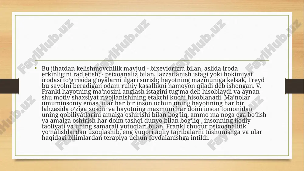 a tomondan, u alfred adler va individual psixologiya bilan qo‘shilmadi va odamlar "nafaqat o‘zlarining mavjudligini tushunishga intiladilar, balki ular hayotlarining ma’nosini izlaydilar" deb ta’kidladi. boshqacha qilib aytganda, frankl psixoanalizda inson elementi yo‘qligini va individual psixologiya ma’no masalasiga e’tibor bermasligini his qildi. frankl uchun vena psixoterapiyasining bu kamchiliklari uning logoterapiyasiga aylangan psixoterapiyaning yangi turini yaratishni taqozo etdi. logoterapiya psixoterapiyaga qarshi emas, balki faqat ma’noga e’tibor qaratadi. ushbu usullardan ba’zilari paradoksal niyat, fikrlash va munosabatni o‘zgartirishni o‘z ichiga oladi. paradoksal niyat - bu ekspozitsiya terapiyasiga o‘xshash usul bo‘lib, mijoz o‘z qo‘rquvini engish uchun hazildan foydalanadi. xulosa shunday qilib, v. frankl shaxsni ma’naviy olamda mavjudligi bilan bog‘liq bo‘lgan o‘z taqdirini belgilash imkoniyati g‘oyasini shakllantiradi. shu nuqtai nazardan, noetik tushunchasi ma’naviy hayotning har qanday turi bilan iroda erkinligini bog‘laydiganlarga nisbatan kengroq deb qaralishi mumkin. logoterapiya ishi shuni ko‘rsatadiki, biror narsa uzoq vaqtdan beri mavjud bo‘lganligi uning endi foydali emasligini anglatmaydi. darhaqiqat, zamonaviyroq davolash dasturlariga …